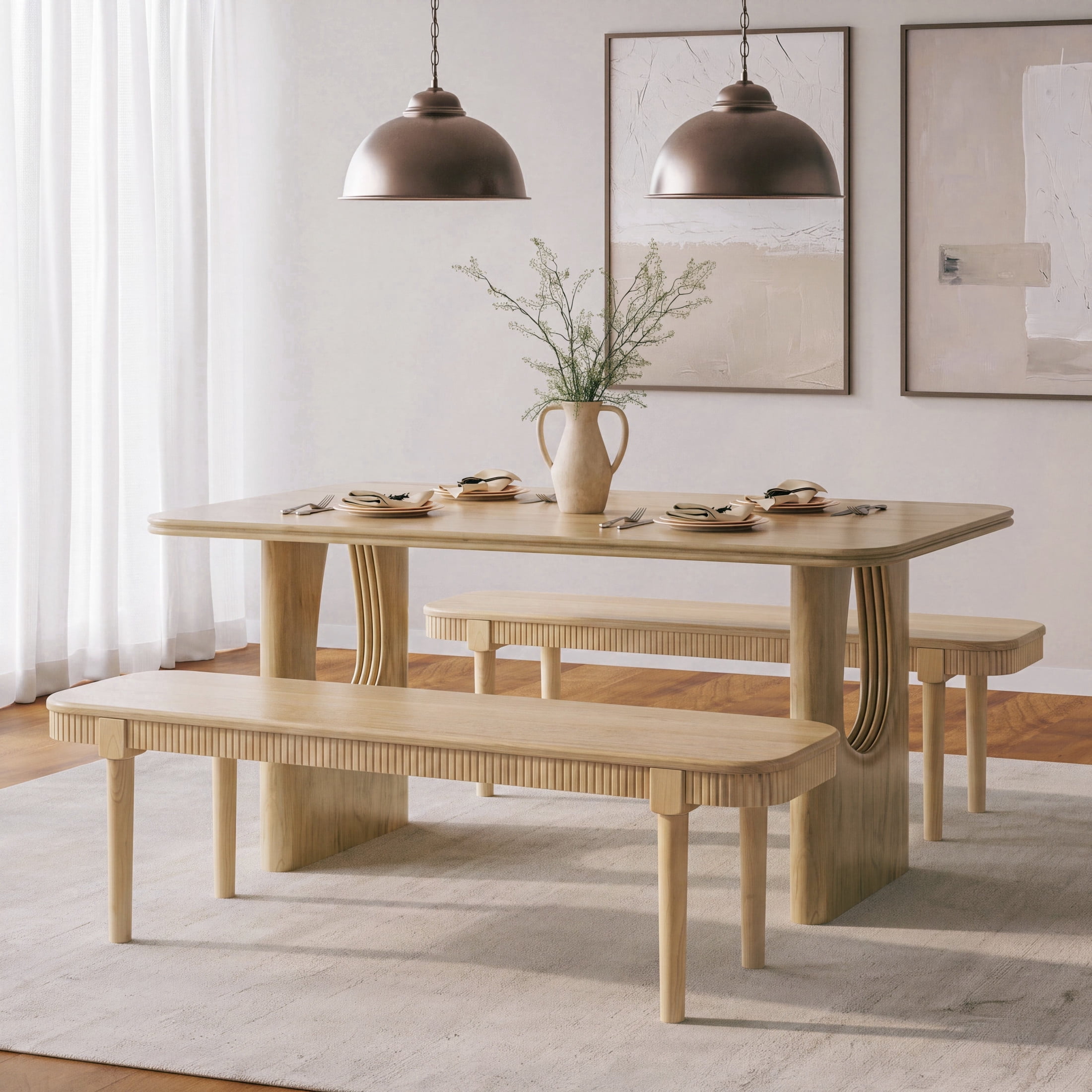 Christopher Knight Home 59" Mid-Century Modern Wooden Bench for Dining and Entryway, Natural, Set of 2
