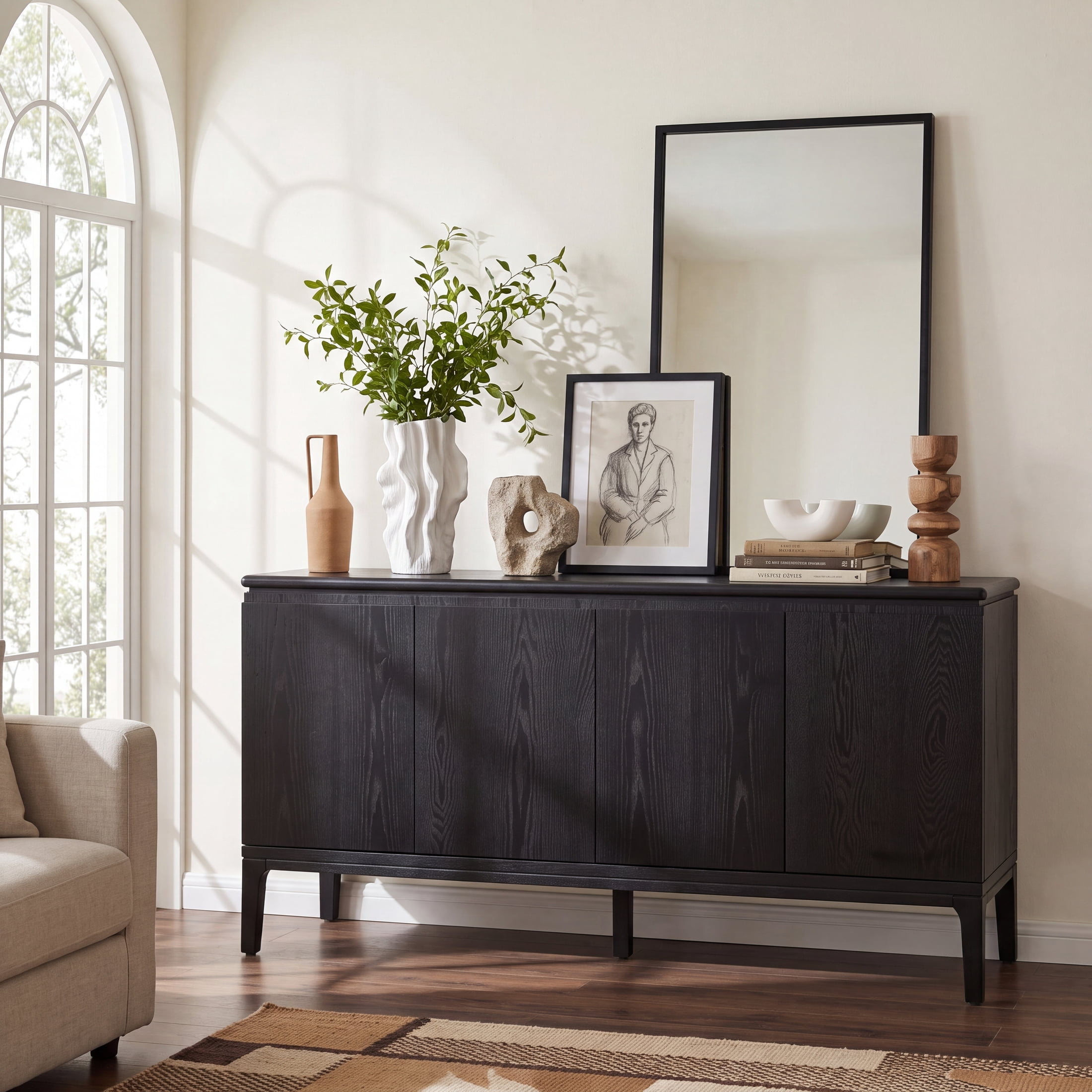 Christopher Knight Home 59" Modern Accent Sideboard with Storage, Rubberwood Legs, 4 Doors, Black