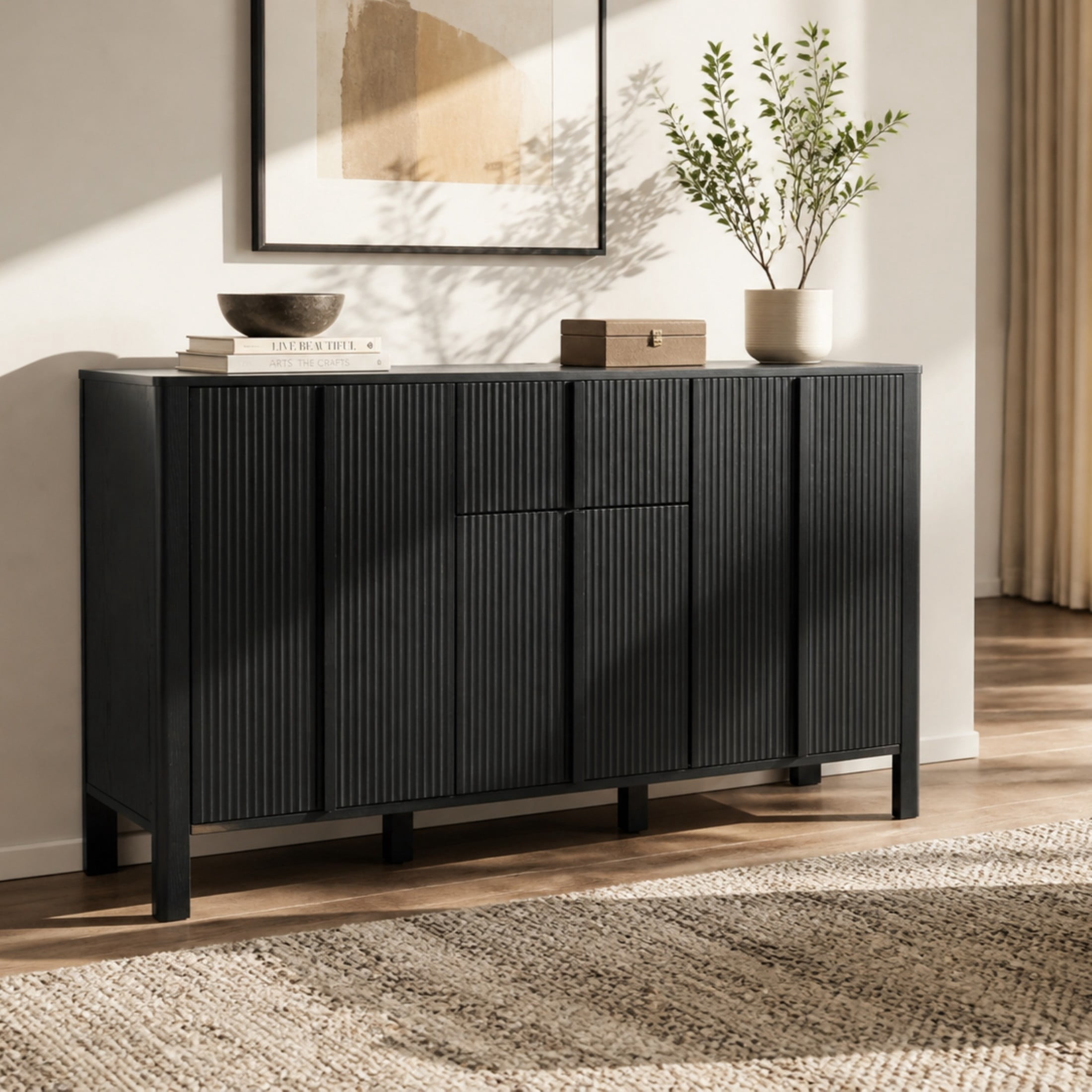 Christopher Knight Home 59" Modern Fluted Sideboard Storage Cabinet with 3 Doors and Drawer, Black