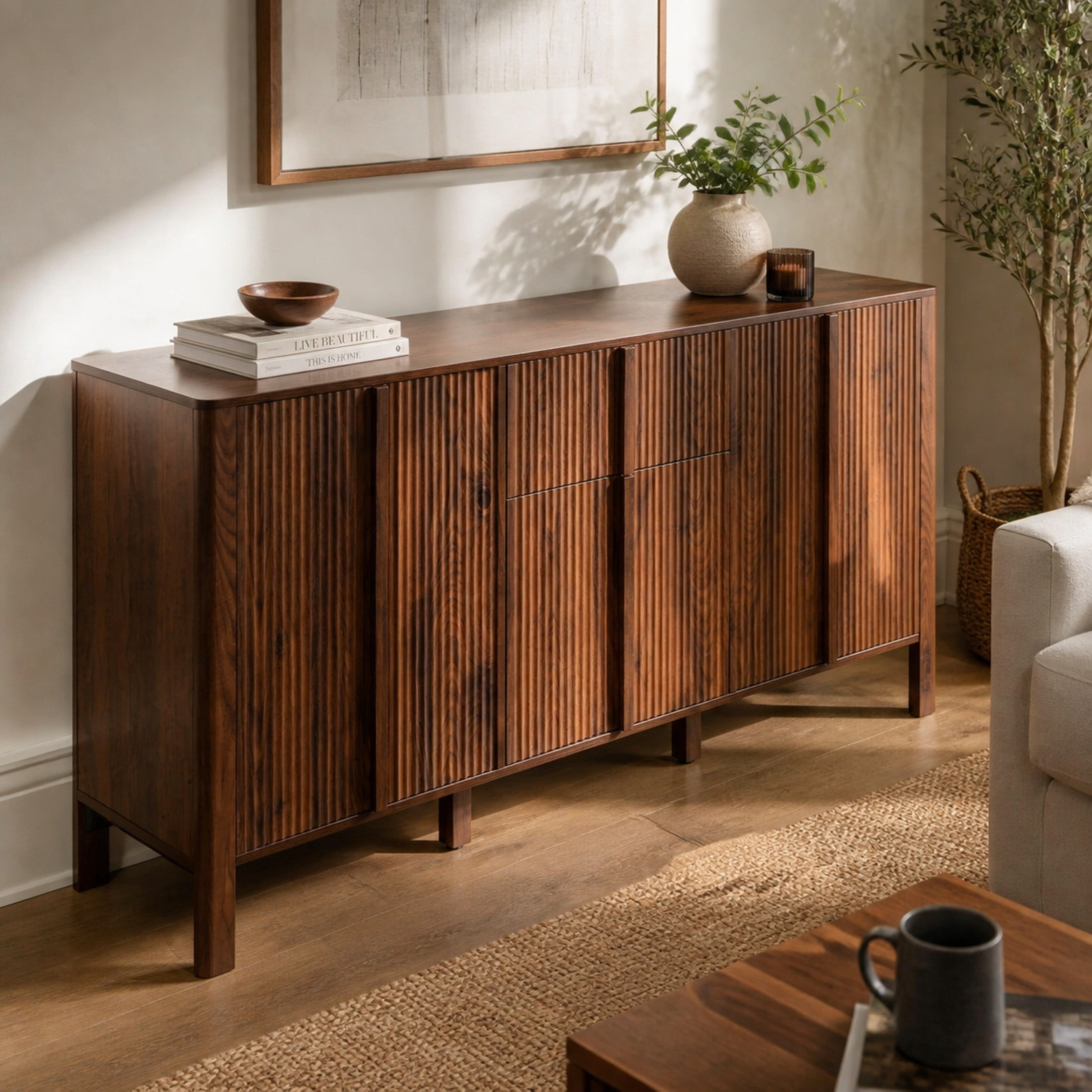 Christopher Knight Home 59" Modern Fluted Sideboard Storage Cabinet with 3 Doors and Drawer, Walnut