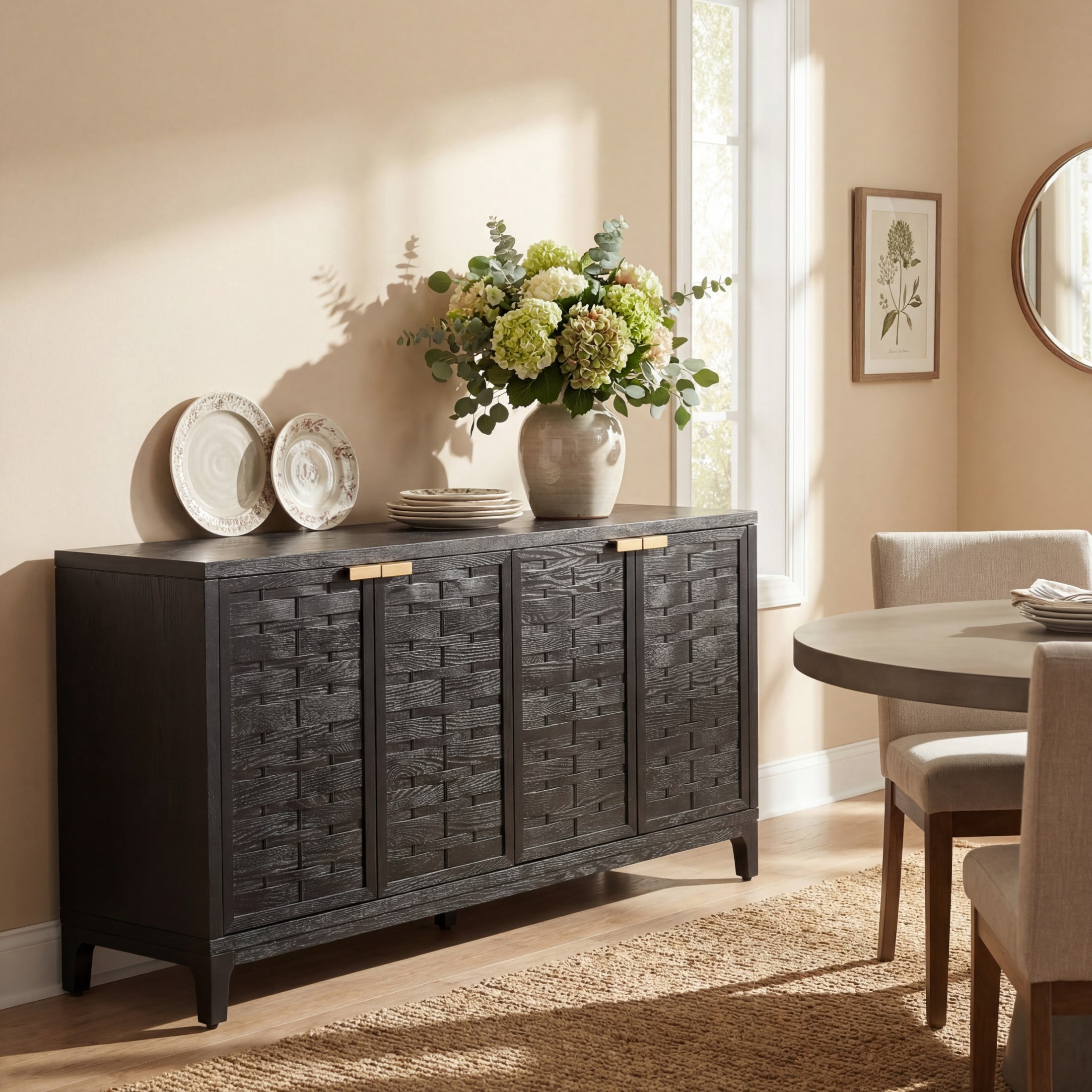 Christopher Knight Home 59" Modern Sideboard Storage Cabinet with Woven Fronts, 4 Doors, Black