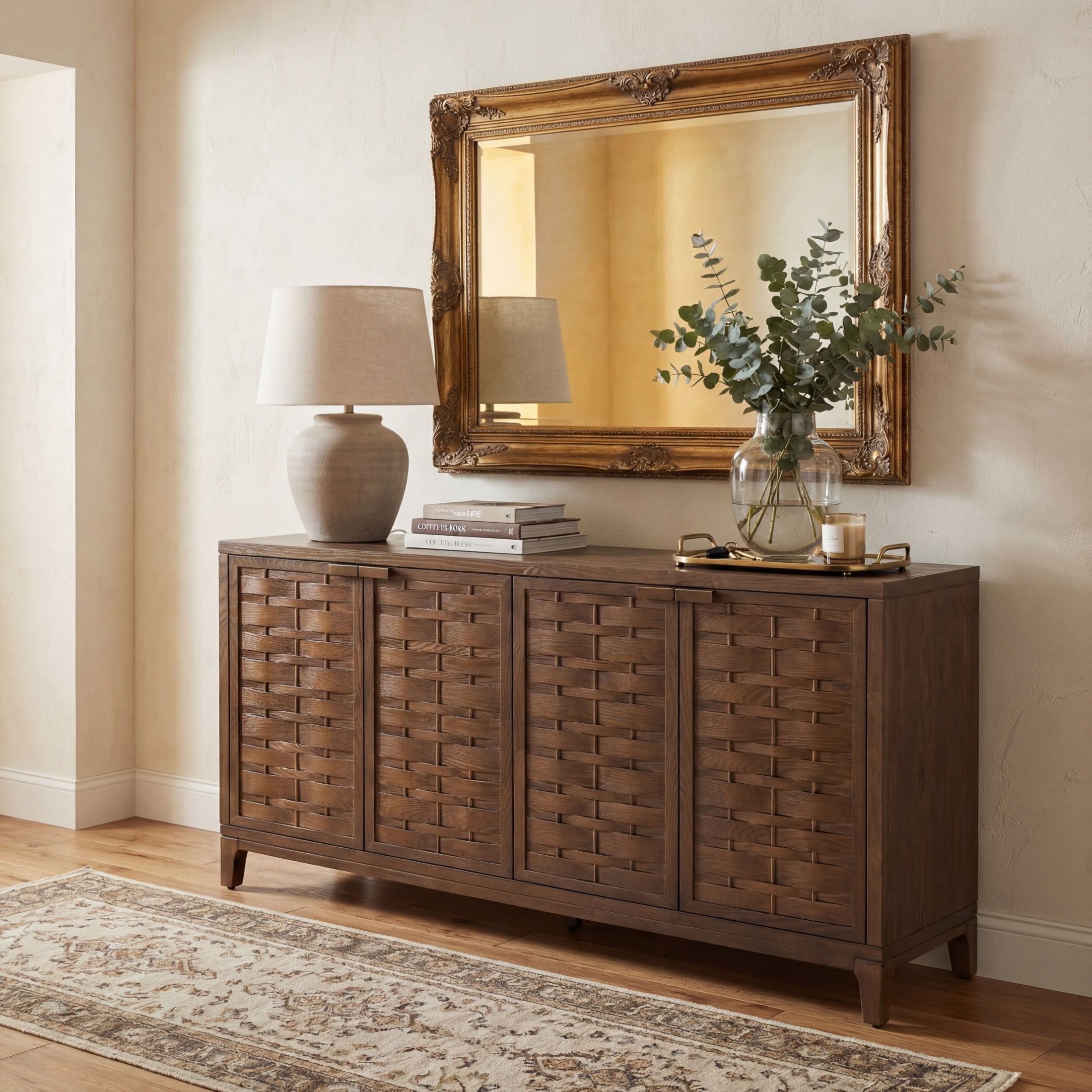 Christopher Knight Home 59" Modern Sideboard Storage Cabinet with Woven Fronts, 4 Doors, Brown