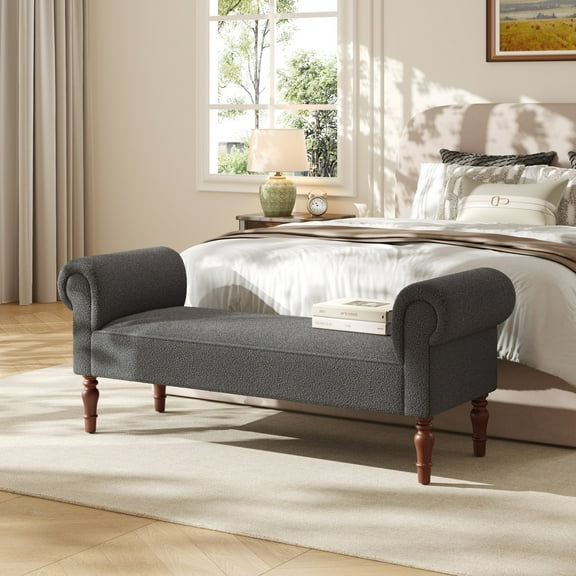 Christopher Knight Home 59" Upholstered Ottoman Bench, Rolled Arms, End of Bed Bench with Wooden Legs, Gray