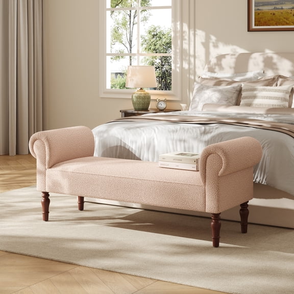 Christopher Knight Home 59" Upholstered Ottoman Bench, Rolled Arms, End of Bed Bench with Wooden Legs, Light Khaki