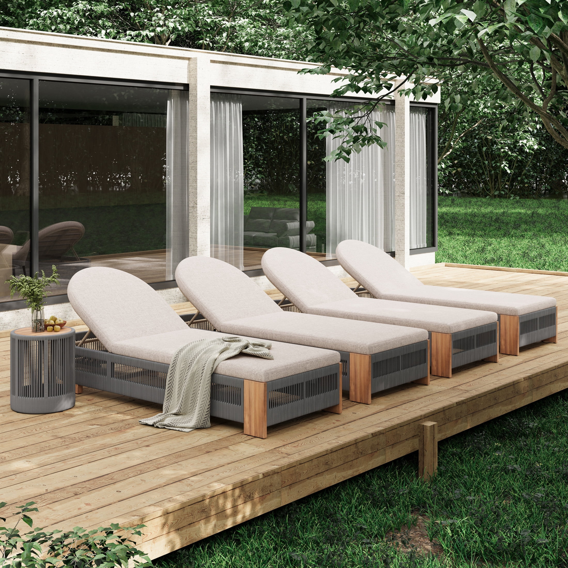 Christopher Knight Home 5PCS Outdoor Chaise Lounge with Cushion & Side Table, Woven Rope Design, Grey