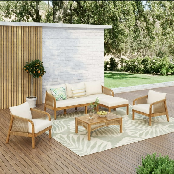 Christopher Knight Home 5PCS Outdoor Patio Furniture Set with Ottoman & Table, Wood Rattan Frame, Teak+Beige