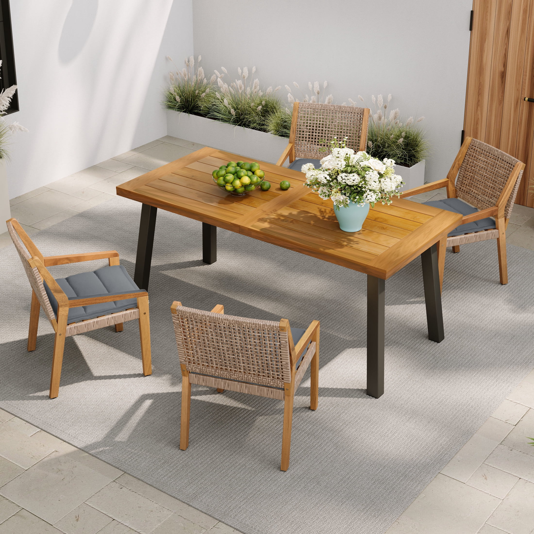 Christopher Knight Home 5PCS Rustic Outdoor Dining Set, Acacia Wood Table and Wicker Armchairs, Gray