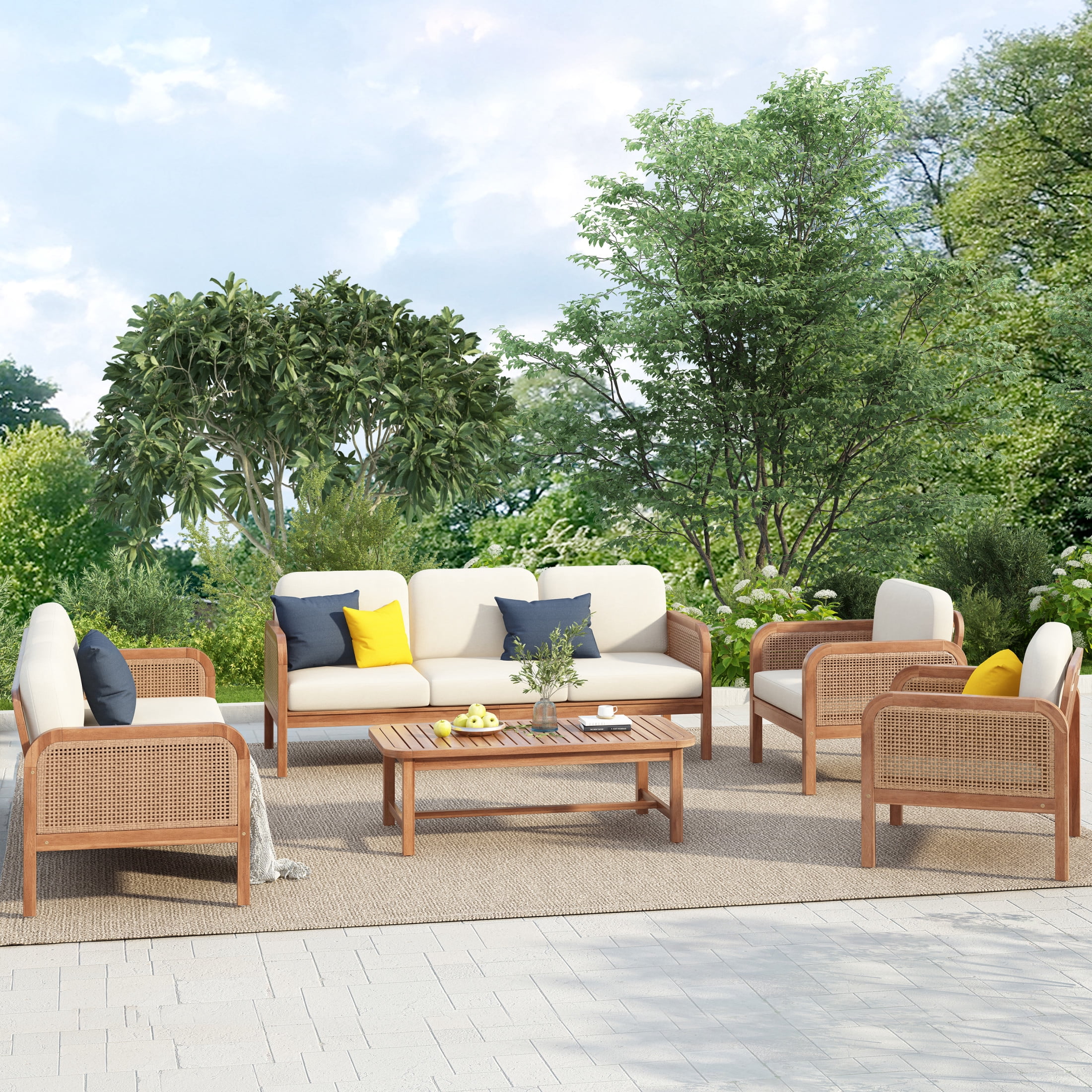 Christopher Knight Home 5PCS Scandinavian Acacia Wood Patio Furniture Set, 8 Seats, Beige Cushion