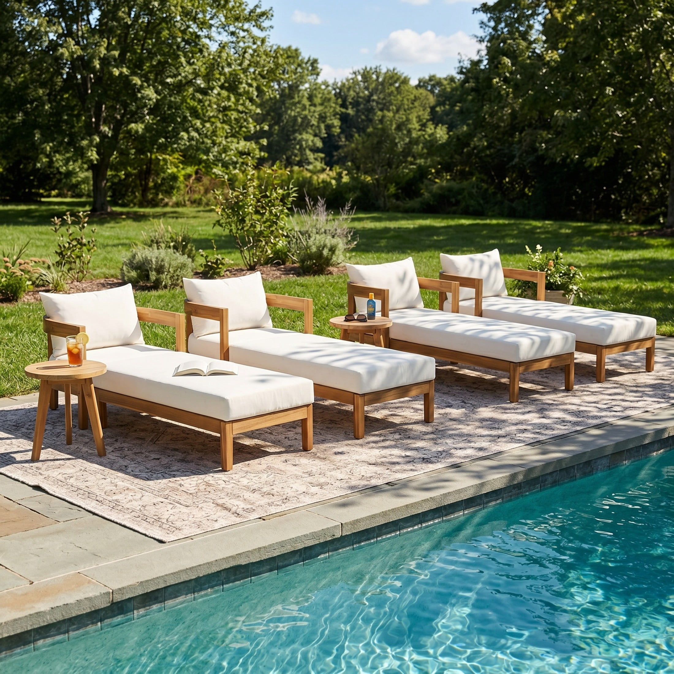 Christopher Knight Home 6-Piece Acacia Wood Outdoor Chaise Lounges Set with Side Tables, Teak+Cream