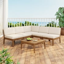 Christopher Knight Home 6-Piece Acacia Wood Outdoor Sectional Sofa Set with Patio Coffee Table, Beige Cushion