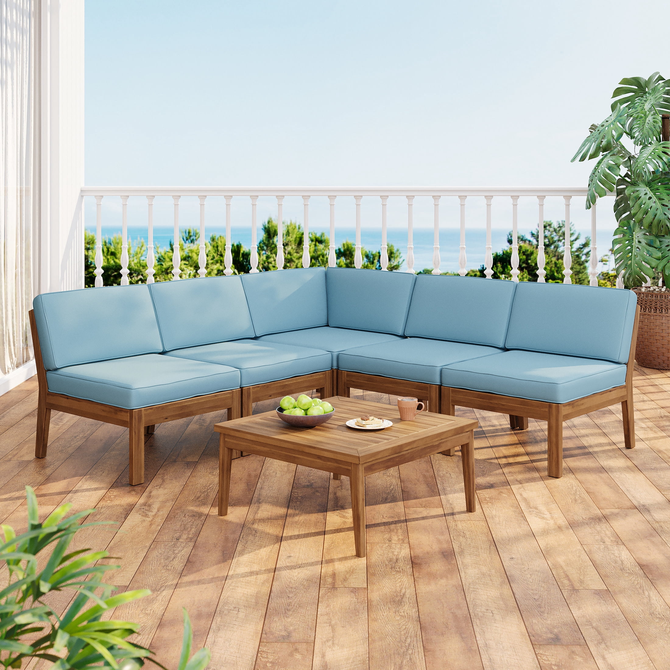 Christopher Knight Home 6-Piece Acacia Wood Outdoor Sectional Sofa Set with Patio Coffee Table, Blue Cushion