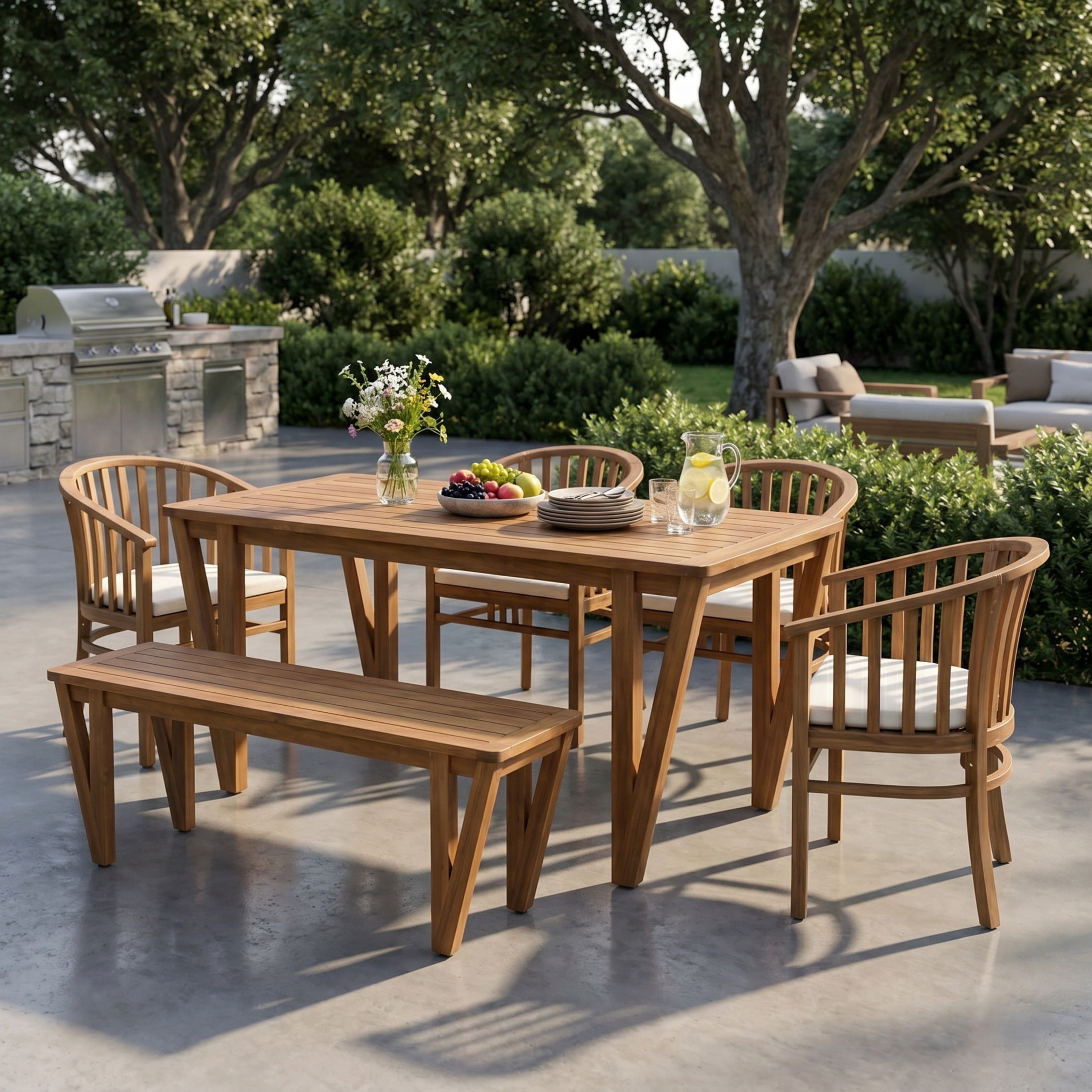 Christopher Knight Home 6-Piece Acacia Wood Patio Dining Set with 70.75" Table, Bench & Chairs, Teak+Cream