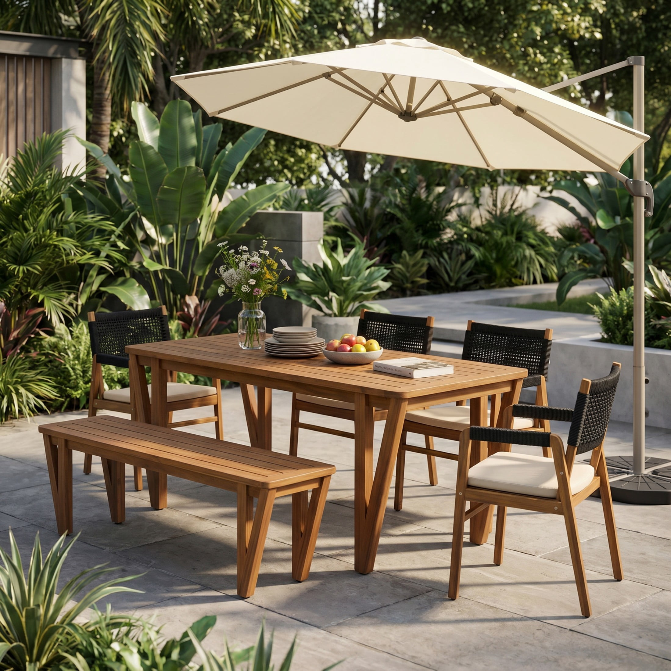 Christopher Knight Home 6-Piece Acacia Wood Patio Dining Set with Rope Chairs and Bench, Teak+Black