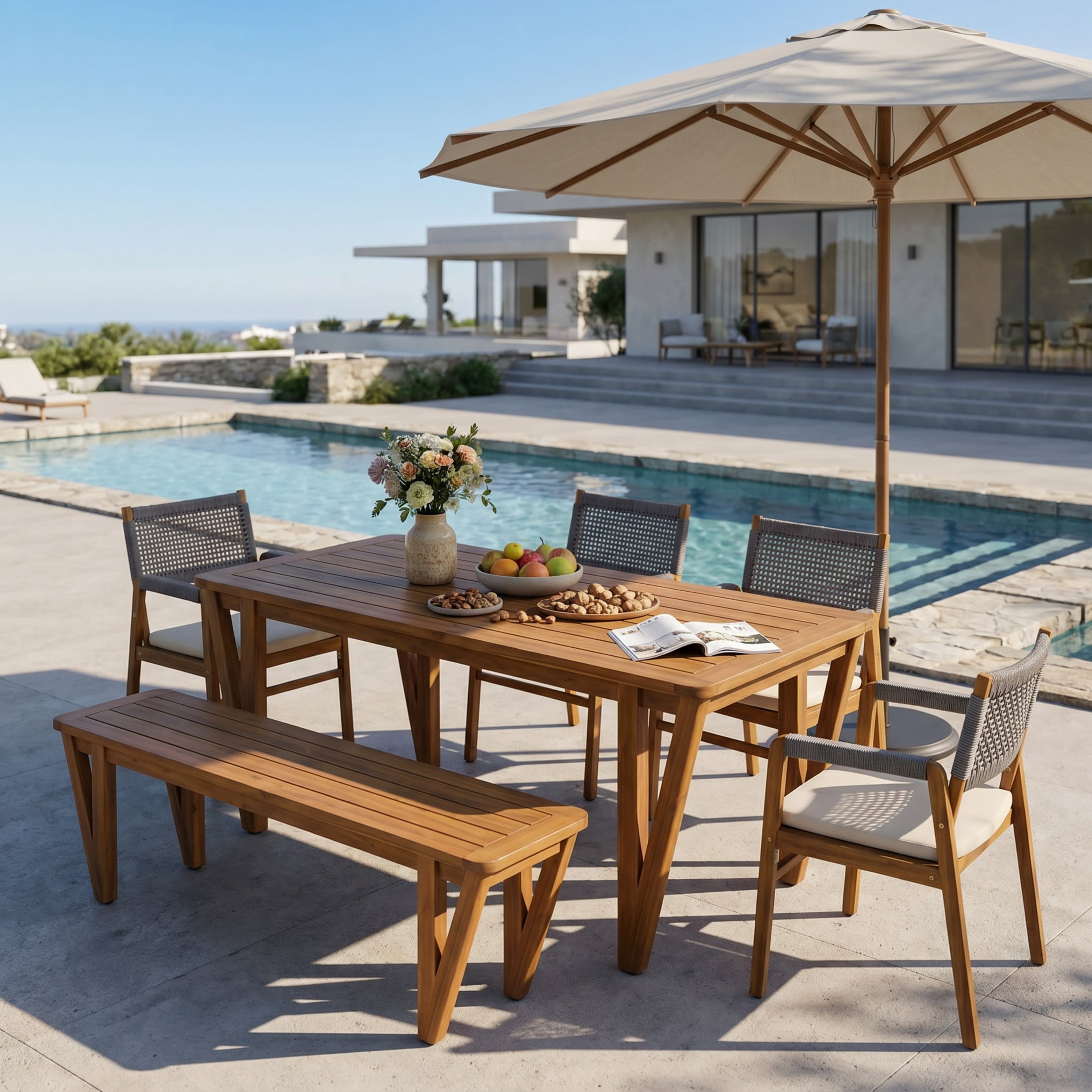 Christopher Knight Home 6-Piece Acacia Wood Patio Dining Set with Rope Chairs and Bench, Teak+Gray