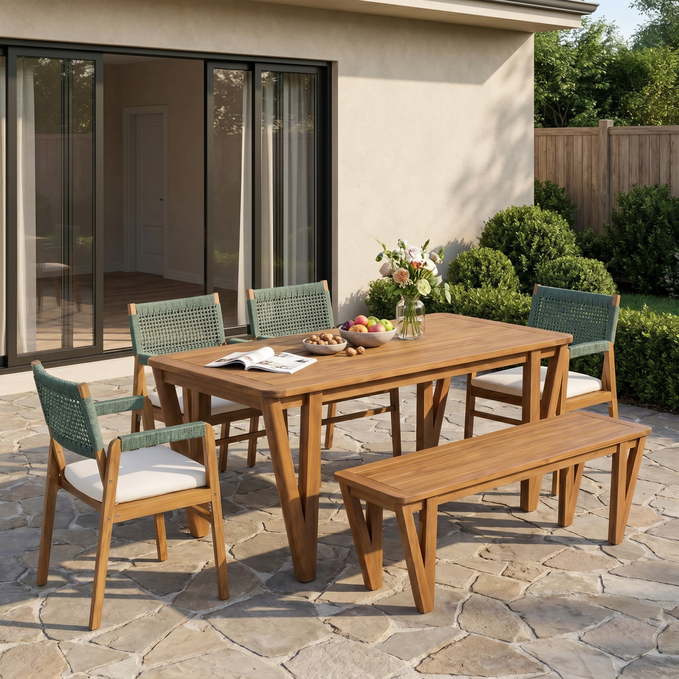 Christopher Knight Home 6-Piece Acacia Wood Patio Dining Set with Rope Chairs and Bench, Teak+Green