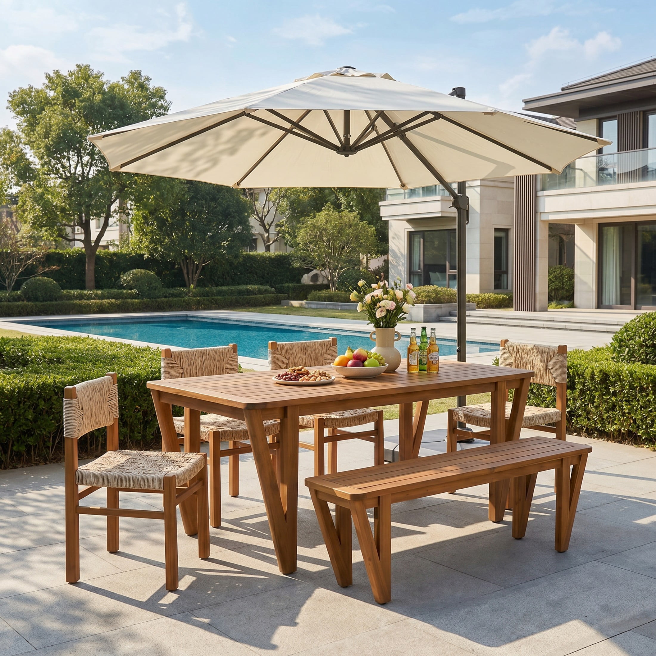 Christopher Knight Home 6-Piece Acacia Wood Patio Dining Table, Bench & Wicker Chairs for 6, Light Gray
