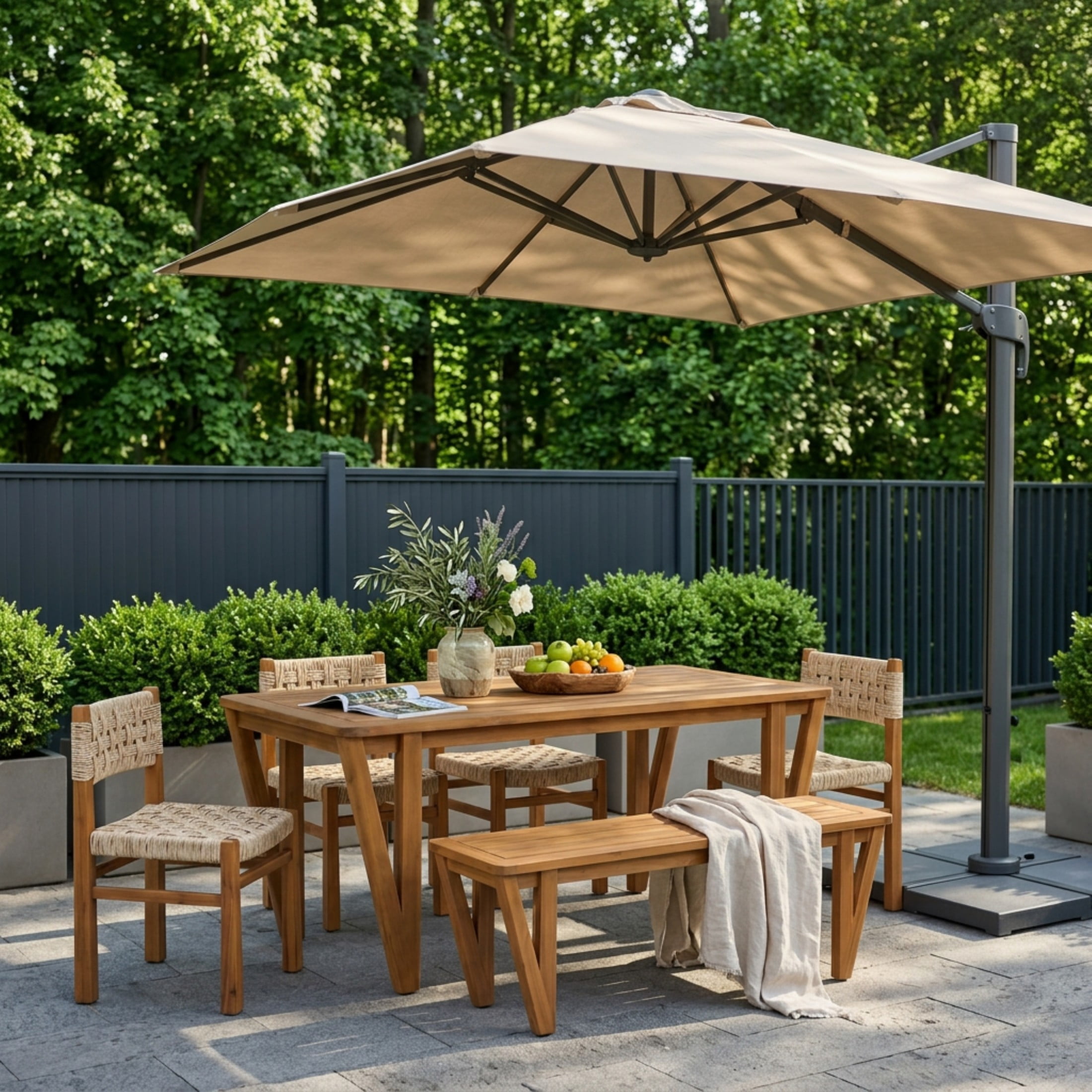 Christopher Knight Home 6-Piece Farmhouse Patio Dining Set, Wood Table with Bench & Wicker Chairs, Light Gray