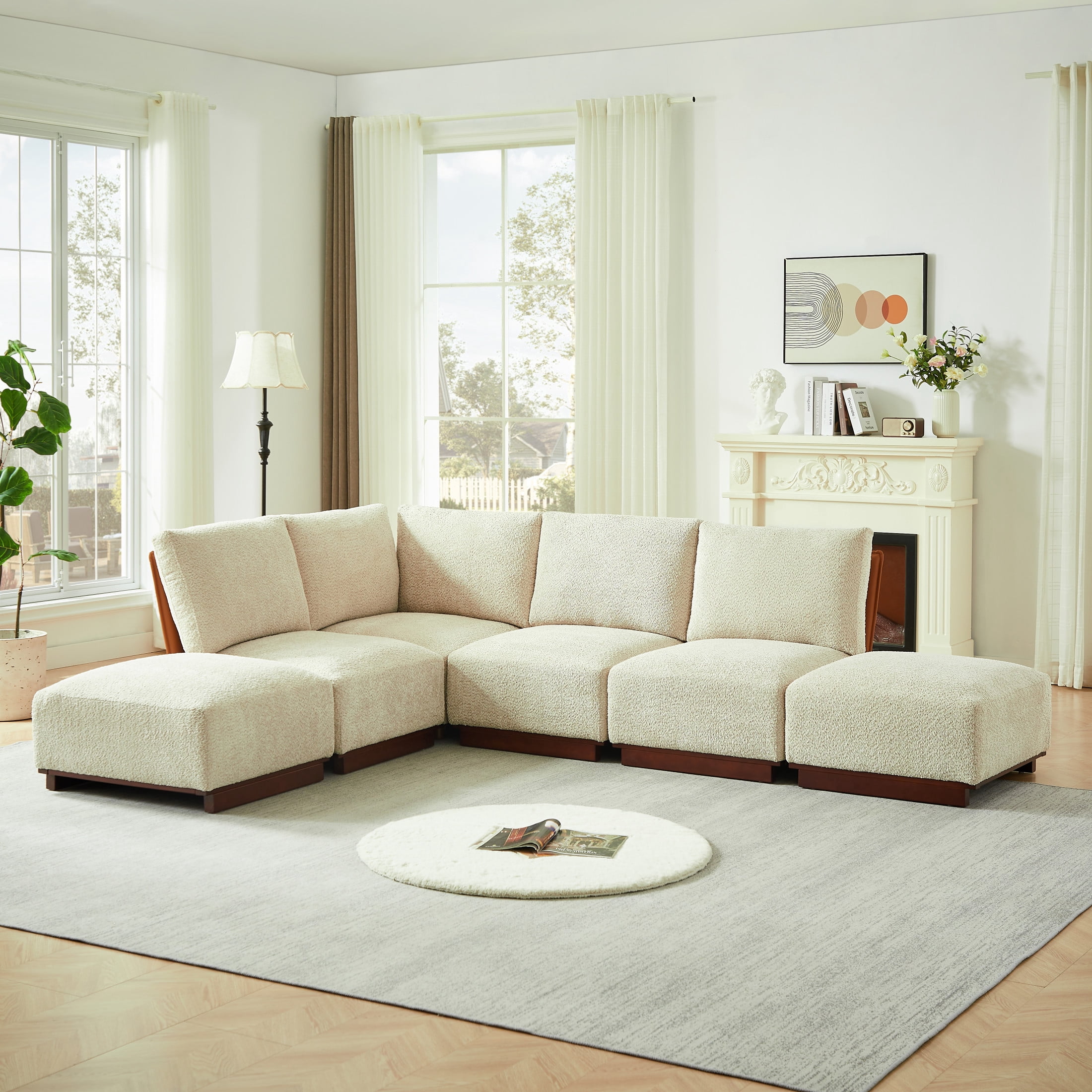 Christopher Knight Home 6-Piece Modern Boucle L-Shaped Modular Sectional Sofa with Ottomans, Sesame