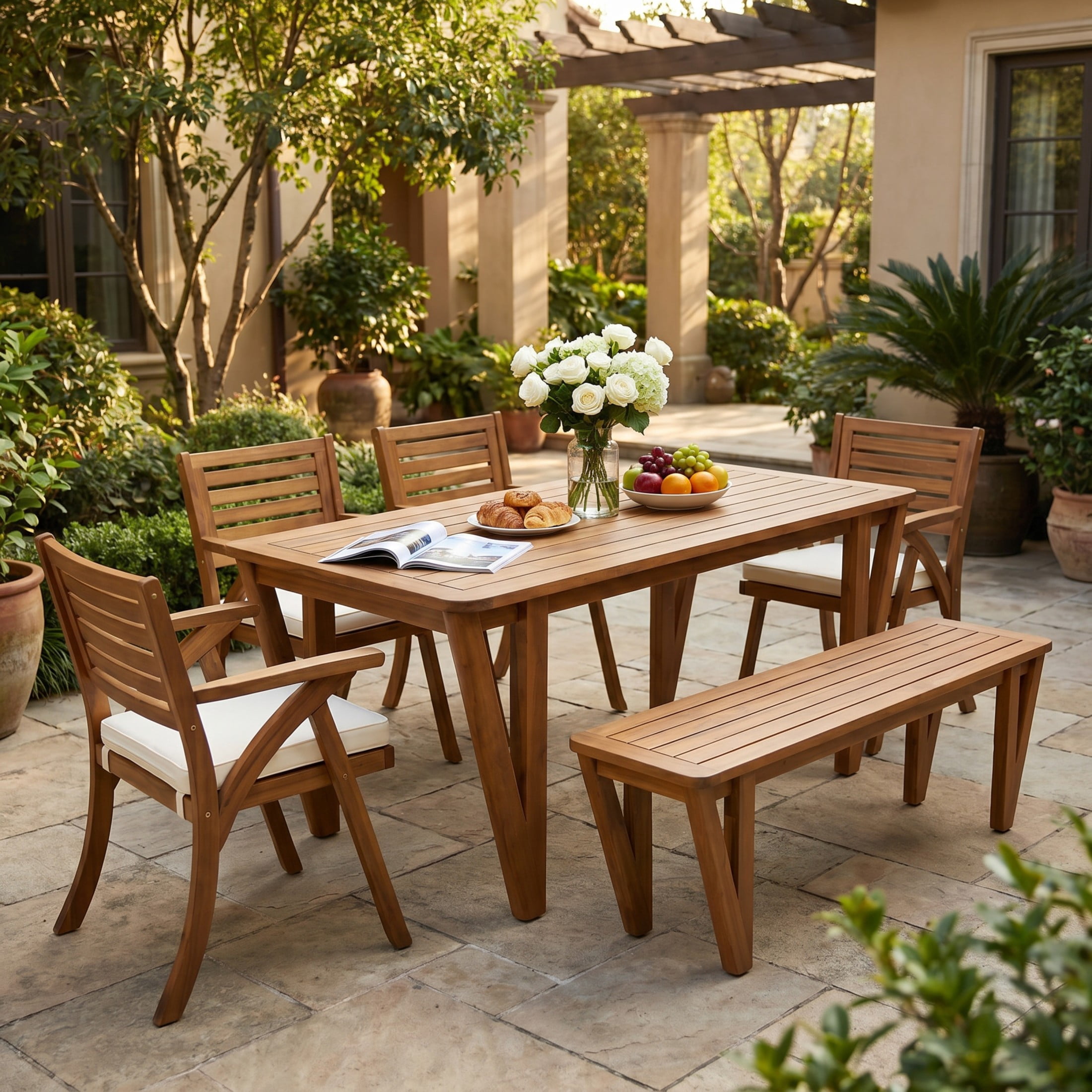 Christopher Knight Home 6-Piece Outdoor Acacia Wood Dining Set with Cream Cushions, Teak