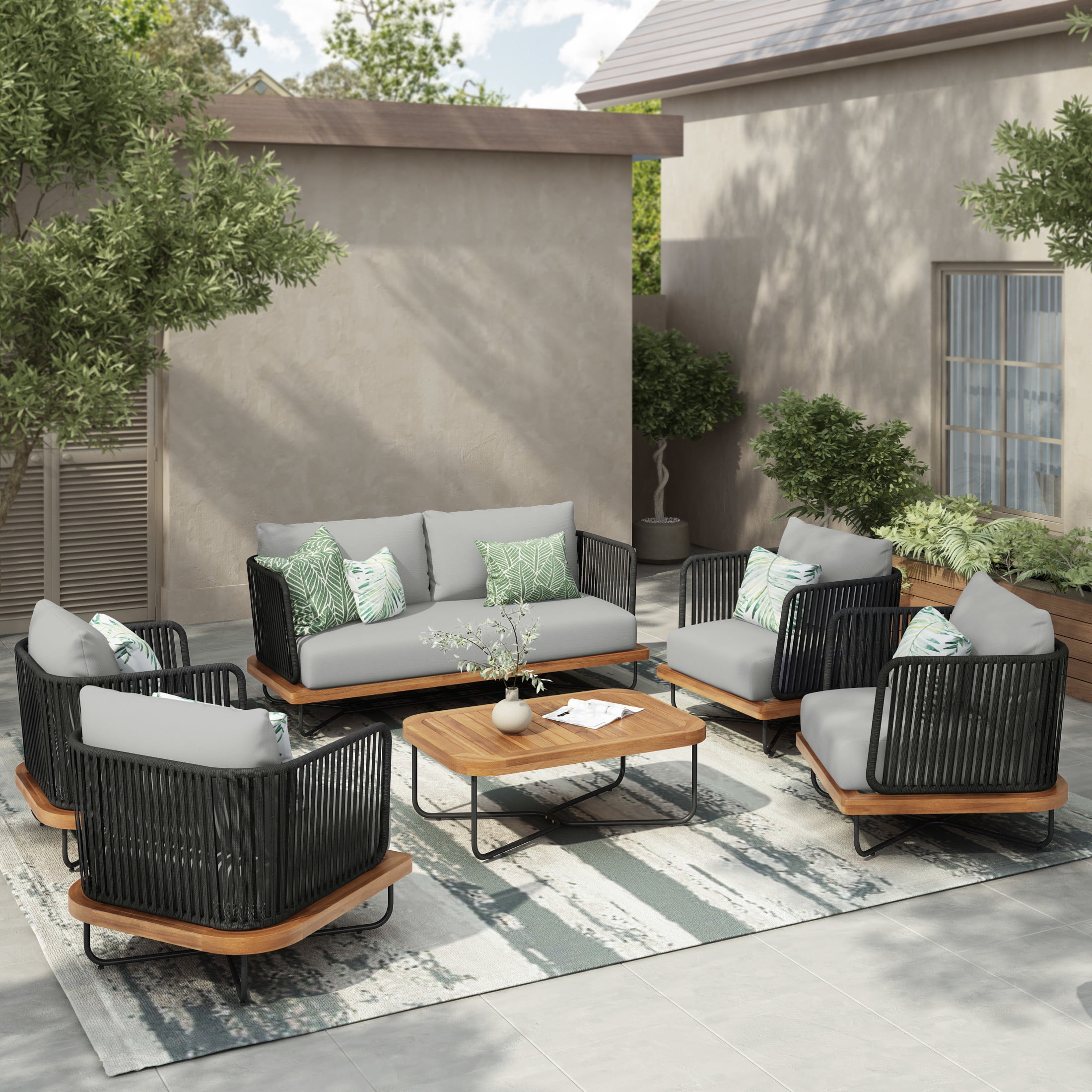 Christopher Knight Home 6-Piece Outdoor Chat Set with Coffee Table, Black Rope, Light Gray Cushion