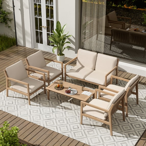 Christopher Knight Home 6-Piece Outdoor Conversation Set, Solid Wood Frame with Beige Cushions, Light Teak
