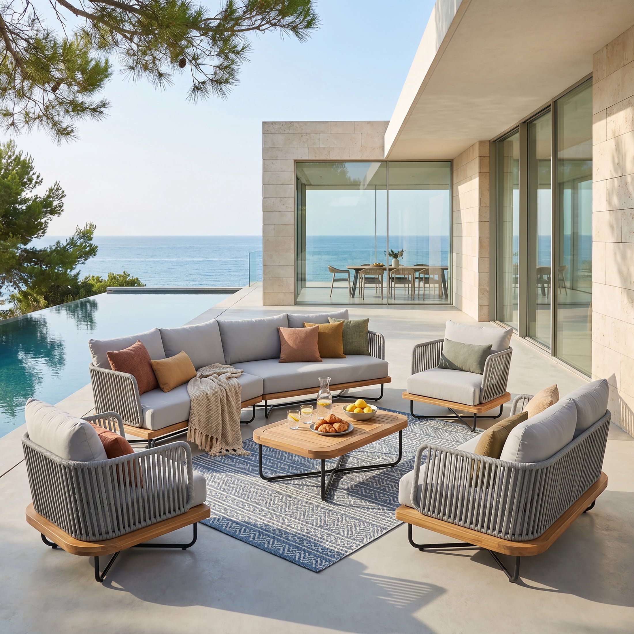 Christopher Knight Home 6-Piece Outdoor Conversation Sofa Set with Coffee Table, Gray Rope, Gray Cushion