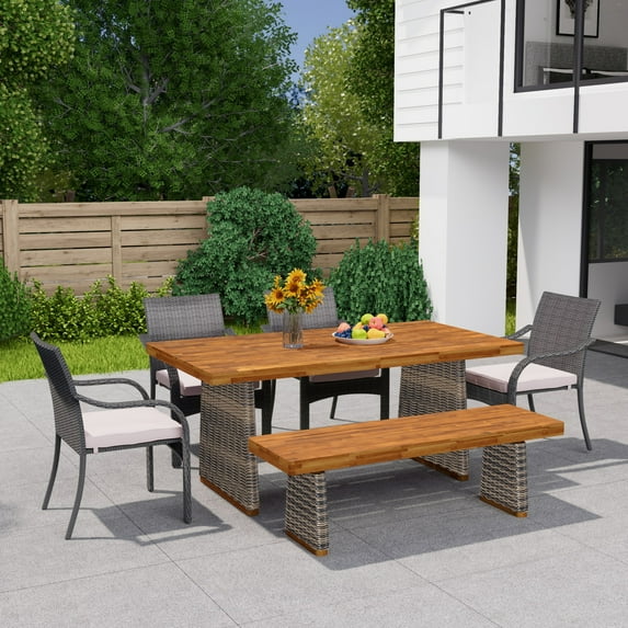 Christopher Knight Home 6-Piece Outdoor Dining Set, Acacia Wood Table & Bench with Patio Chairs and Cushions