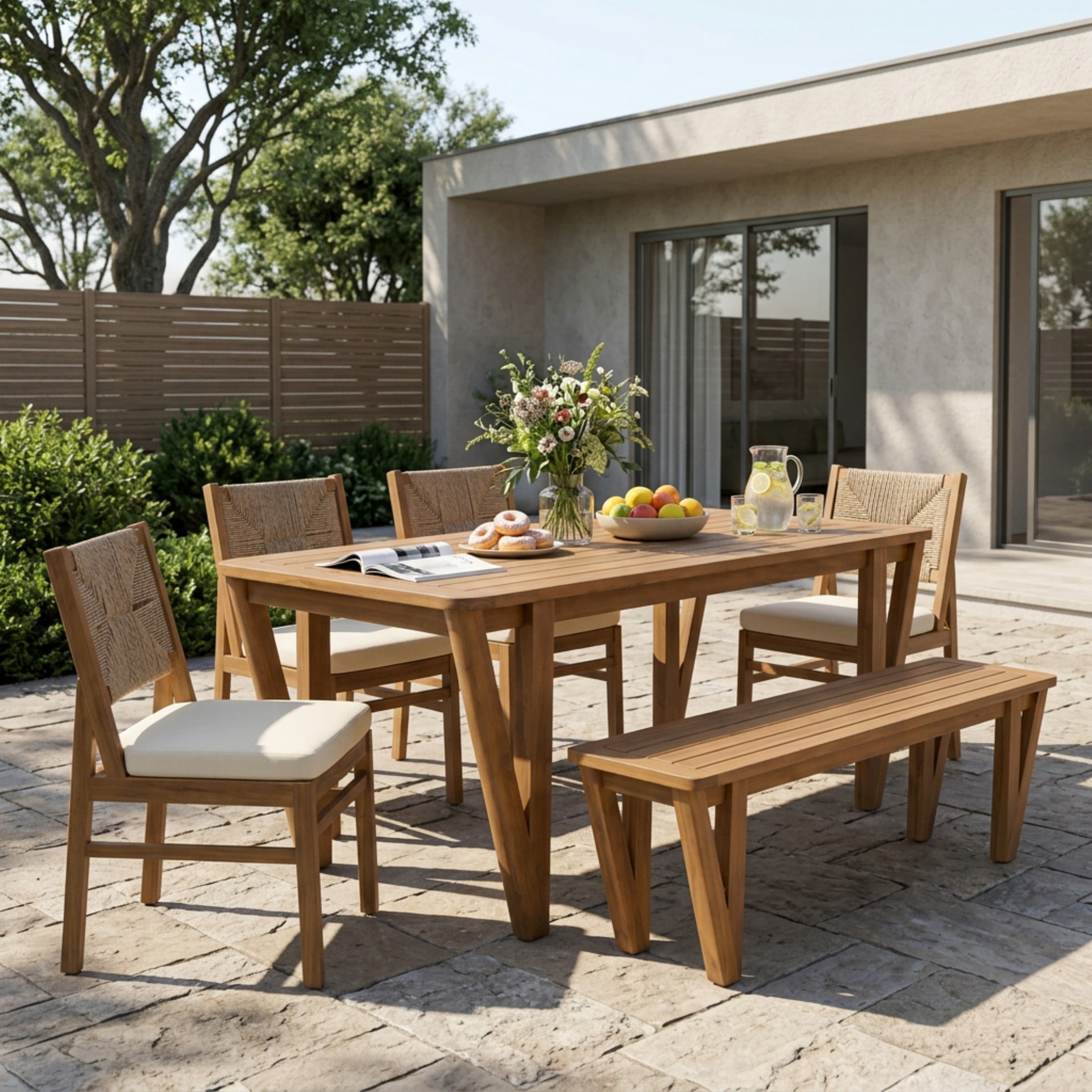 Christopher Knight Home 6-Piece Outdoor Dining Set, Wood Table, Bench and Woven Chairs with Cushions, Teak