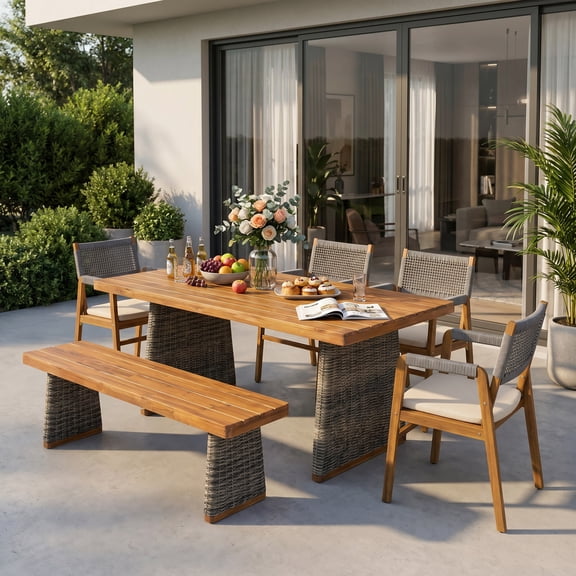 Christopher Knight Home 6-Piece Outdoor Dining Set with Wood Table, Bench and Gray Rope Woven Armchairs, Teak+Gray