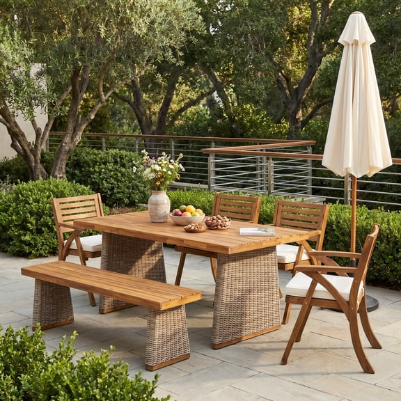 Christopher Knight Home 6-Piece Outdoor Dining Table with Bench and Chairs, Brown Wicker Legs, Cream Cushions