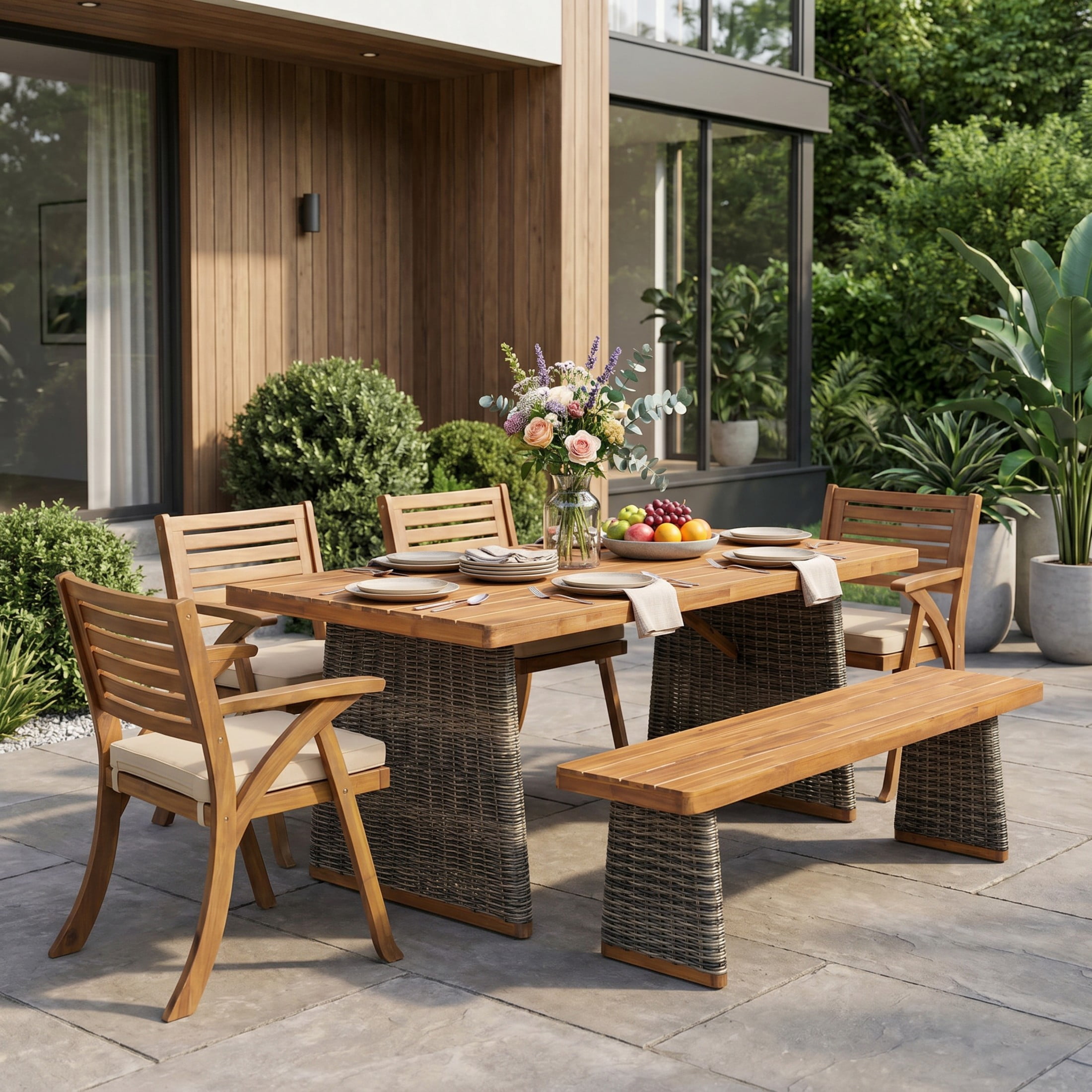 Christopher Knight Home 6-Piece Outdoor Dining Table with Bench and Chairs, Gray Wicker Legs, Cream Cushions