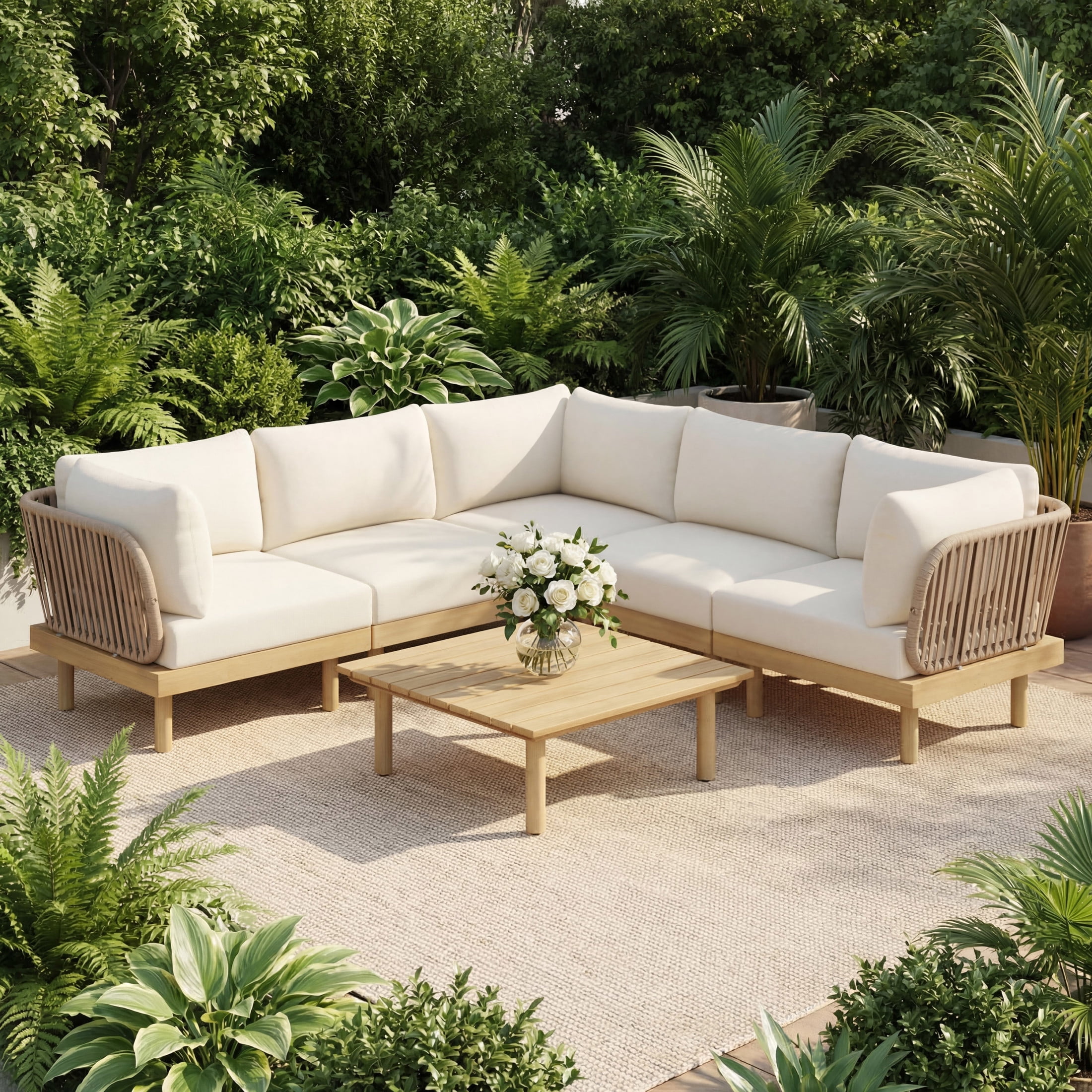 Christopher Knight Home 6-Piece Outdoor Sectional Sofa Set with Rope Back and Cushions, Teak+Beige