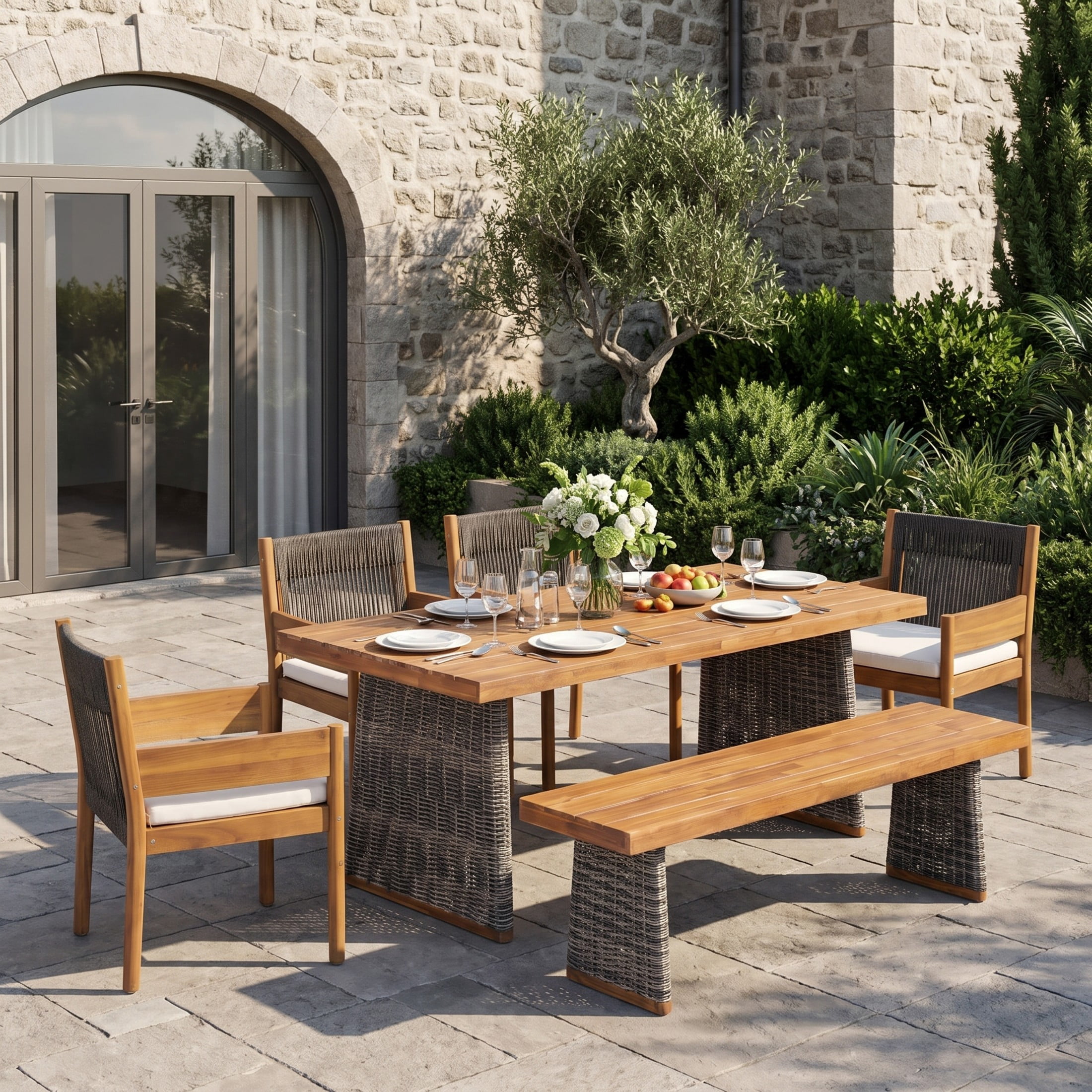 Christopher Knight Home 6-Piece Outdoor Wood Dining Set with Wicker Table, Bench and Rope Chairs, Teak+Black