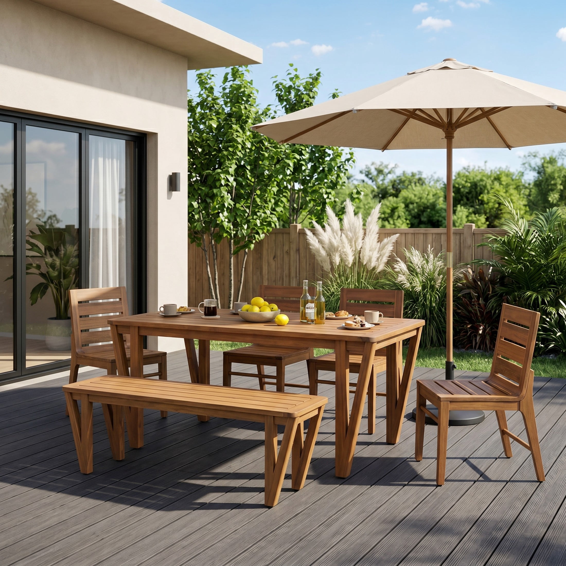 Christopher Knight Home 6-Piece Rustic Farmhouse Wood Patio Dining Table with Chairs and Bench, Teak