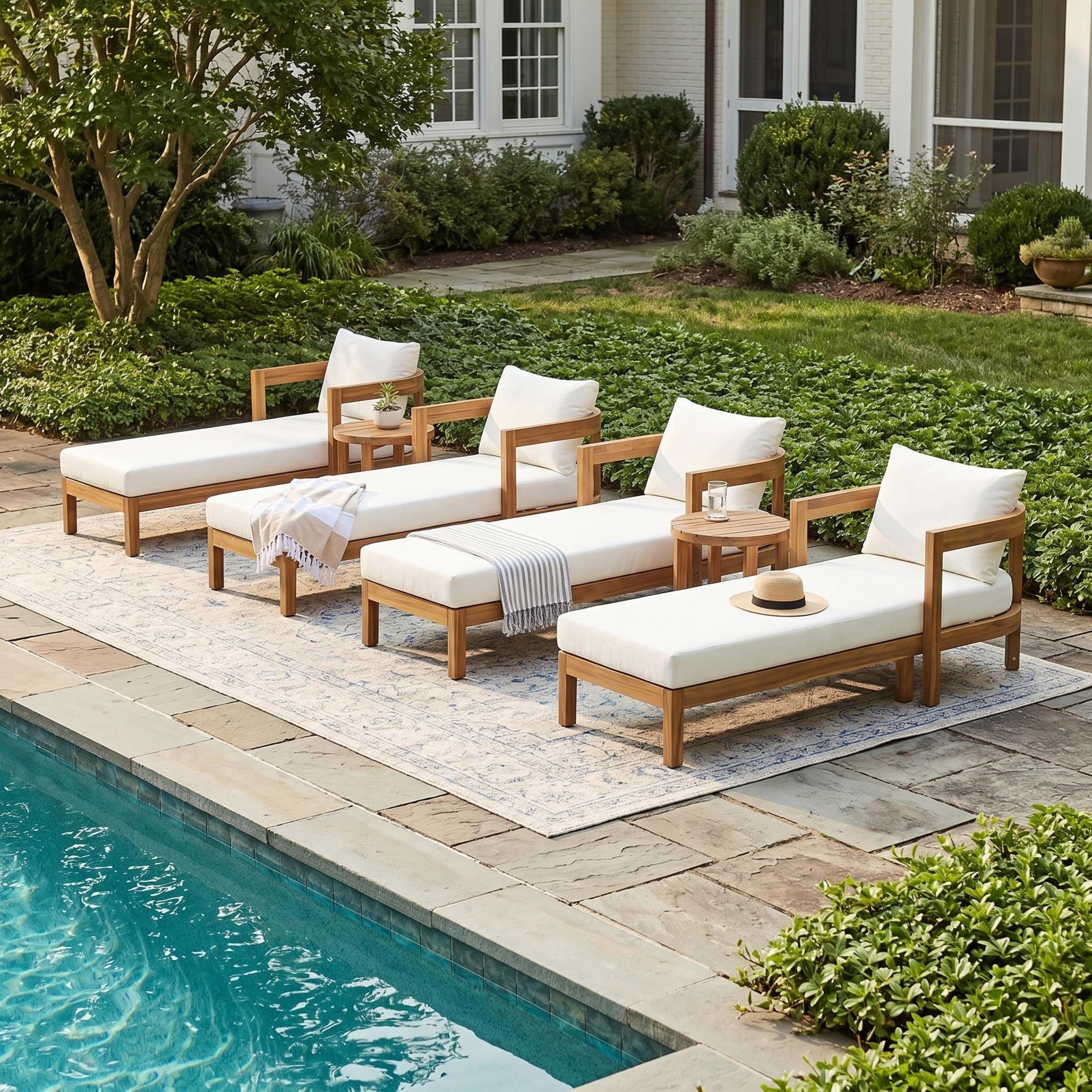 Christopher Knight Home 6-Piece Wood Outdoor Chaise Lounges Set with Round Side Tables, Teak+Cream