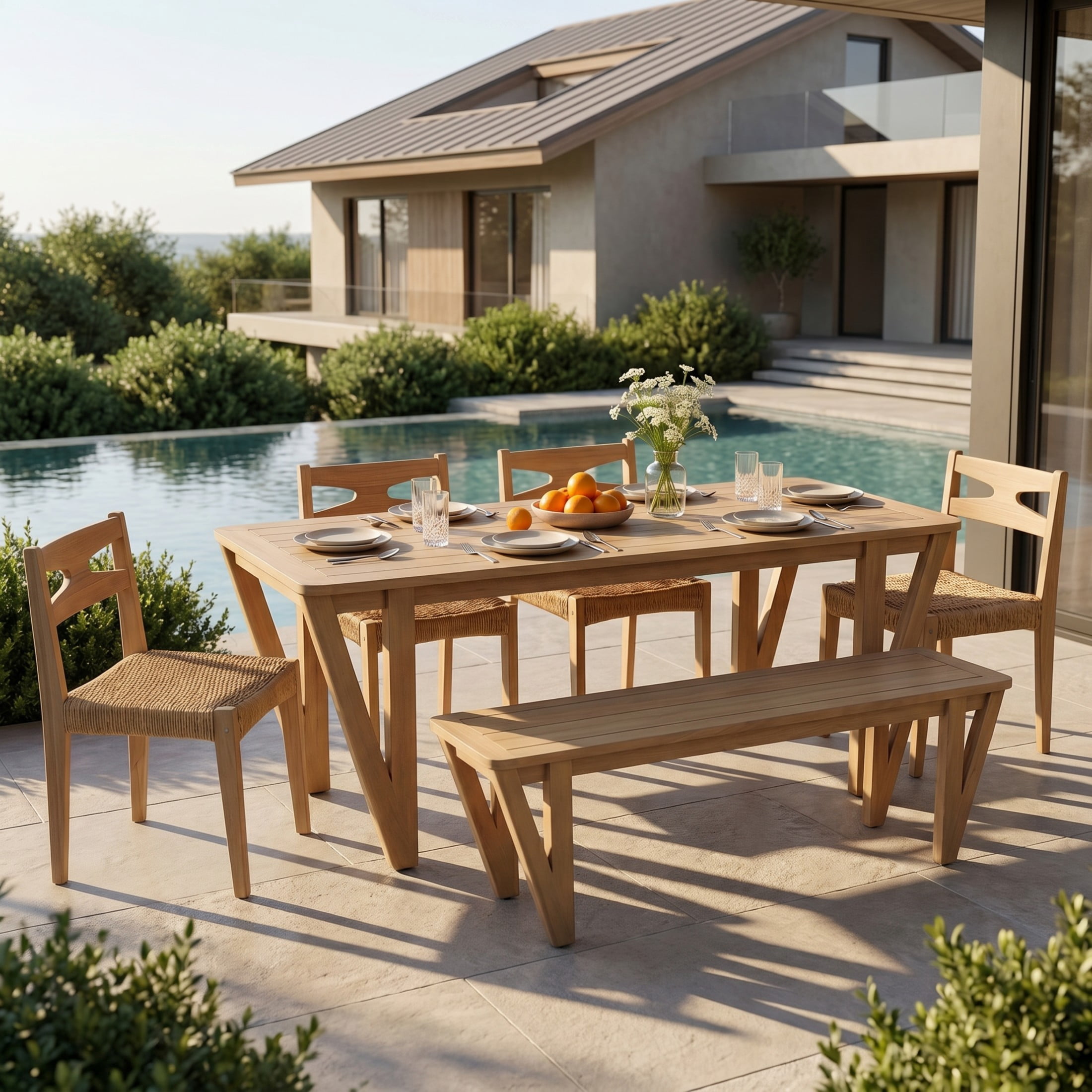 Christopher Knight Home 6-Piece Wood Outdoor Dining Set with Chairs, Bench and Table, Light Teak