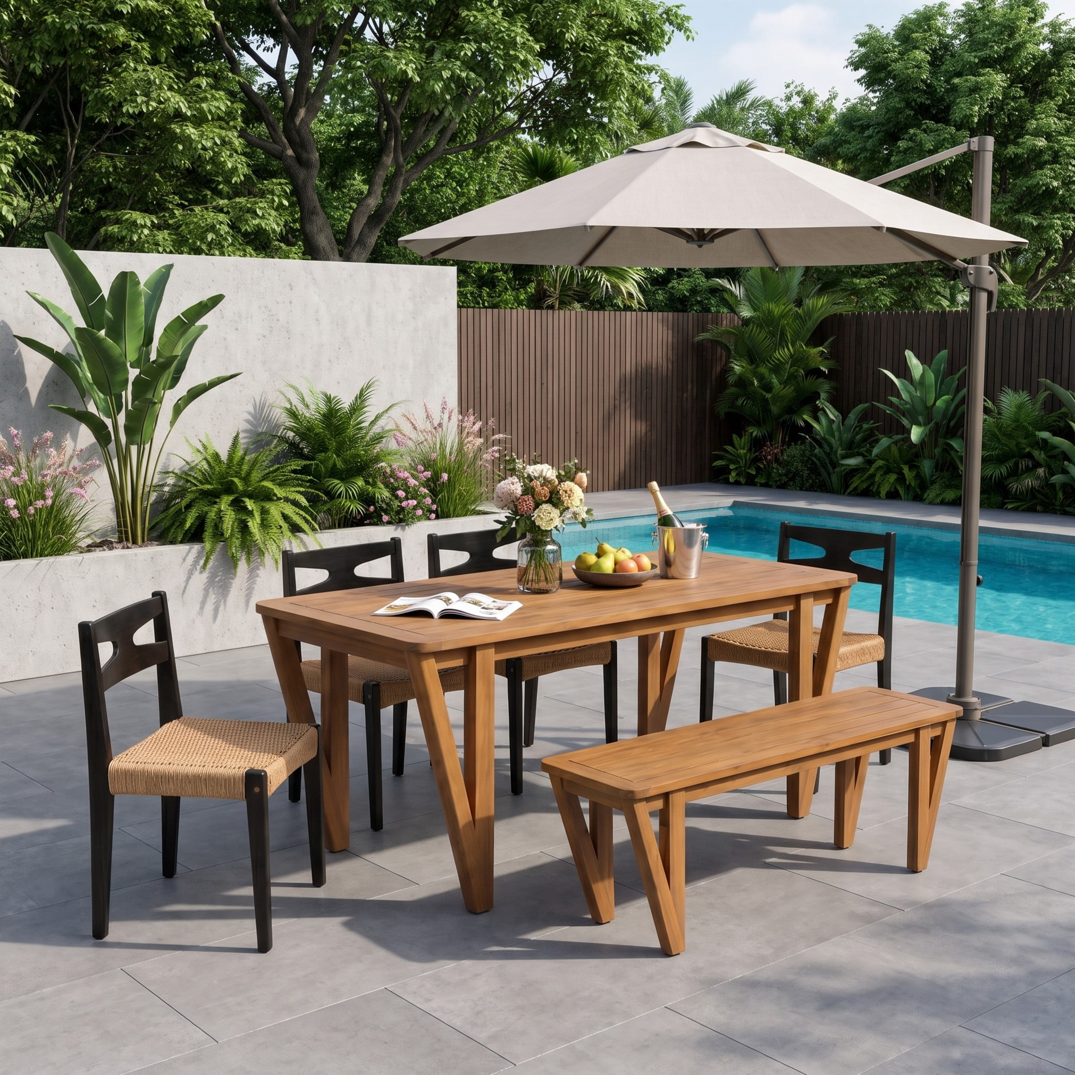 Christopher Knight Home 6-Piece Wood Outdoor Dining Set with Chairs, Bench and Table, Teak+Black