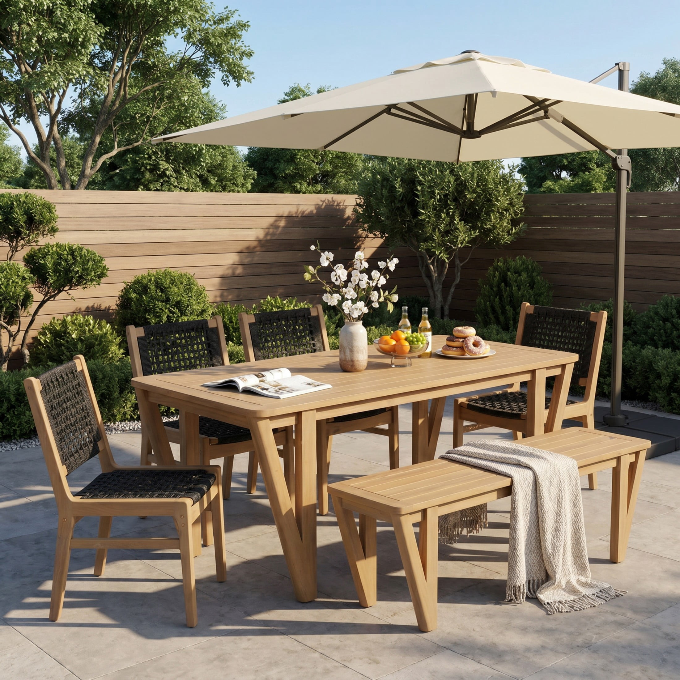 Christopher Knight Home 6-Piece Wood Patio Dining Table with Bench and Wicker Chairs Set, Black