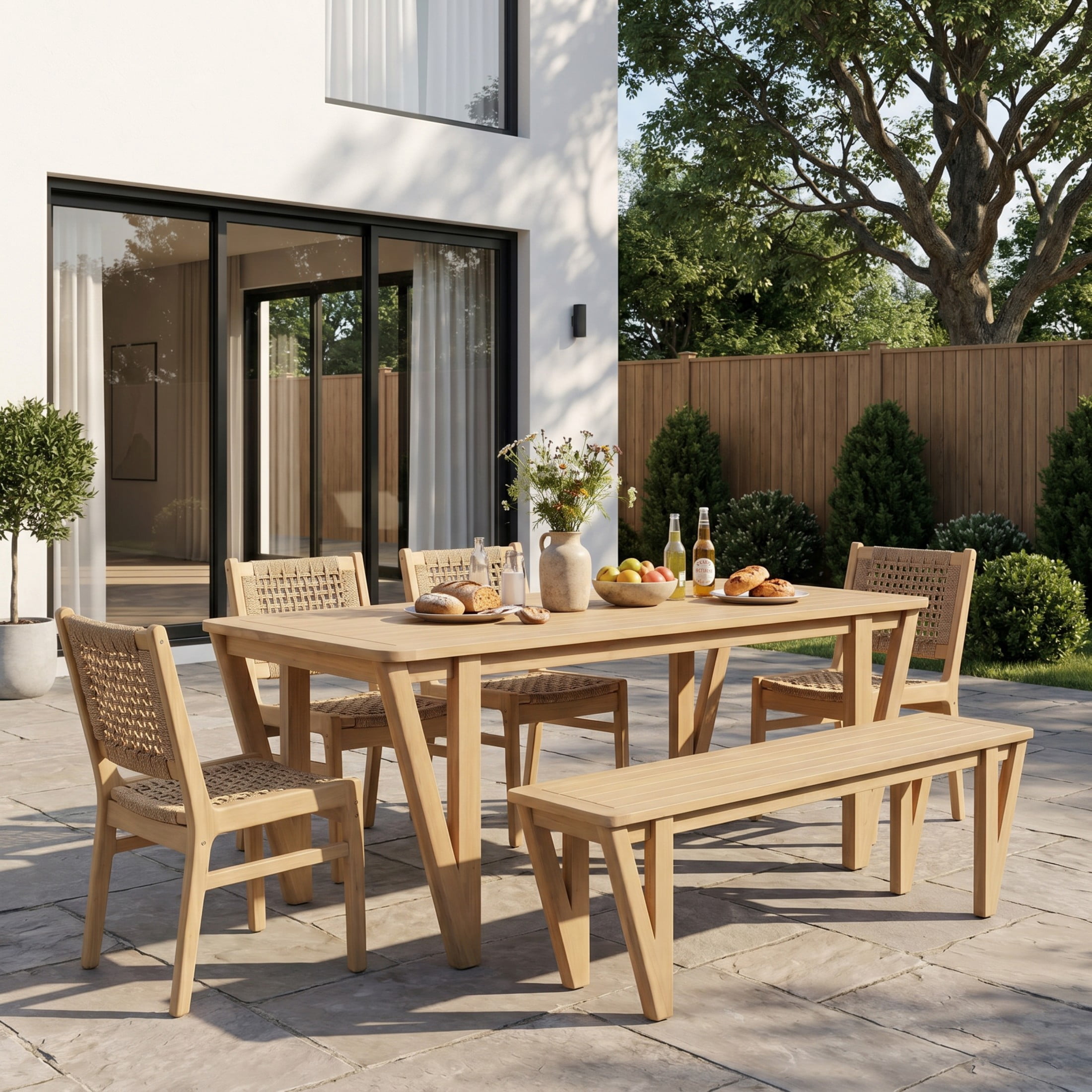 Christopher Knight Home 6-Piece Wood Patio Dining Table with Bench and Wicker Chairs Set, Light Brown