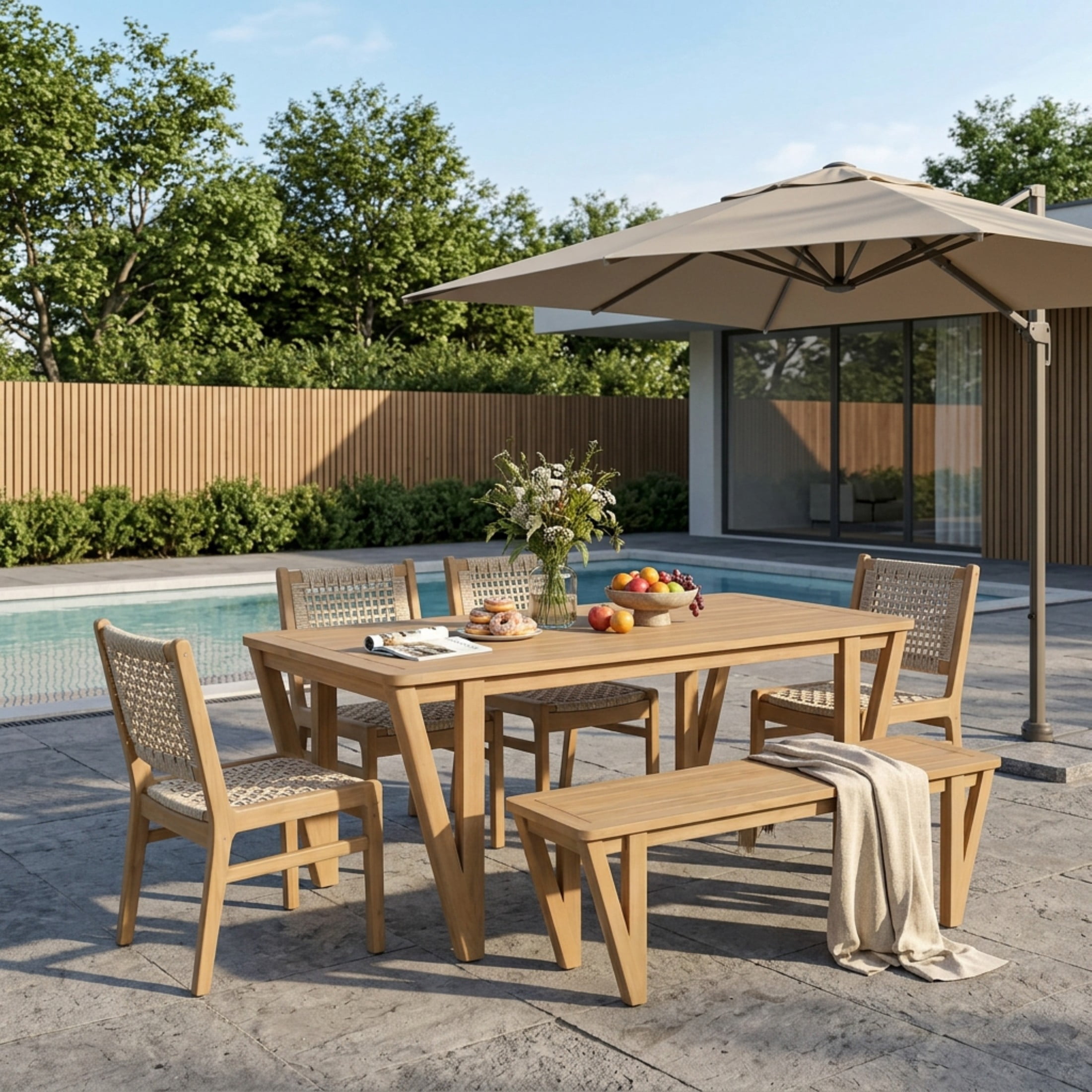 Christopher Knight Home 6-Piece Wood Patio Dining Table with Bench and Wicker Chairs Set, Light Gray