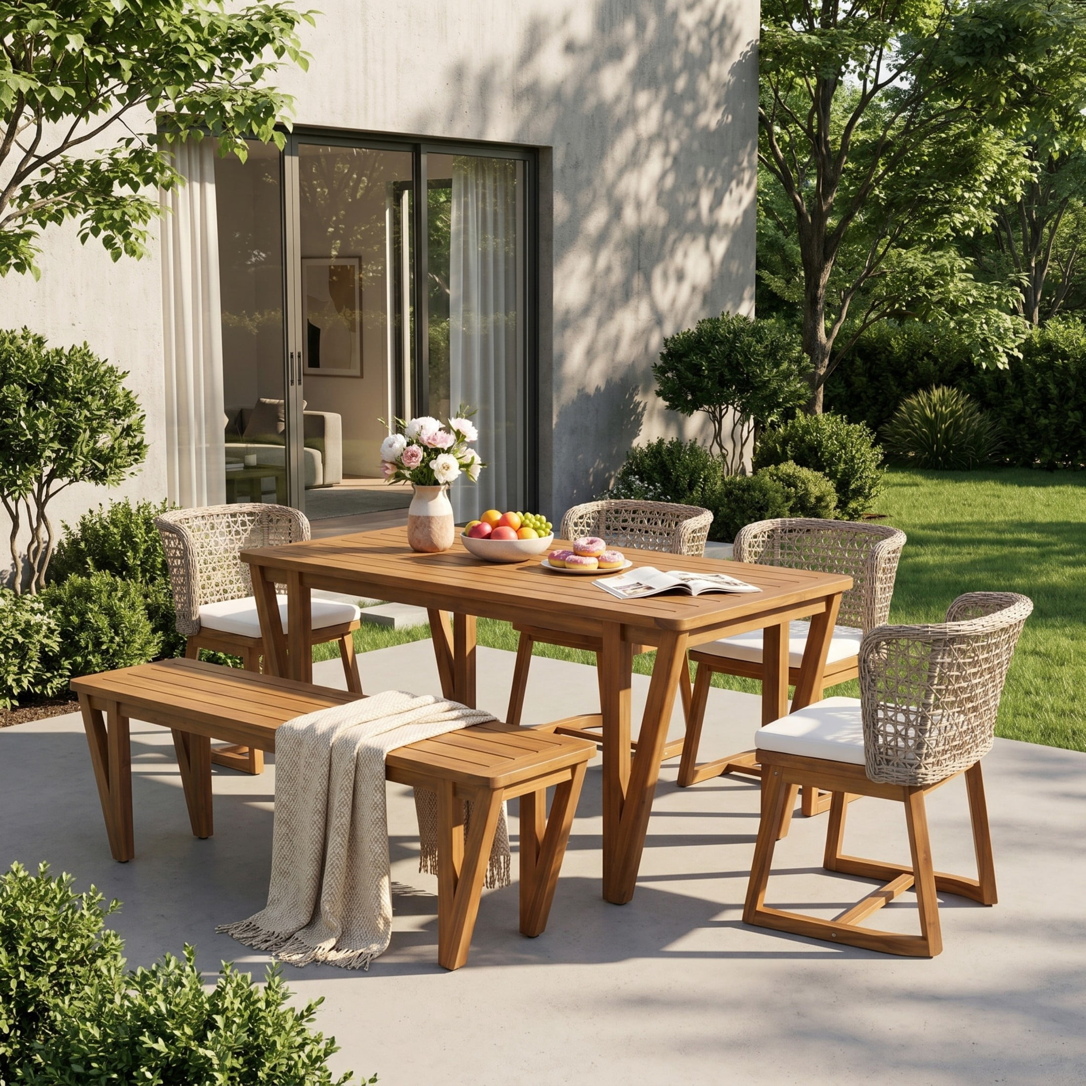 Christopher Knight Home 6-Piece Wood Patio Dining Table with Wicker Chairs and Bench Set, Teak+Beige