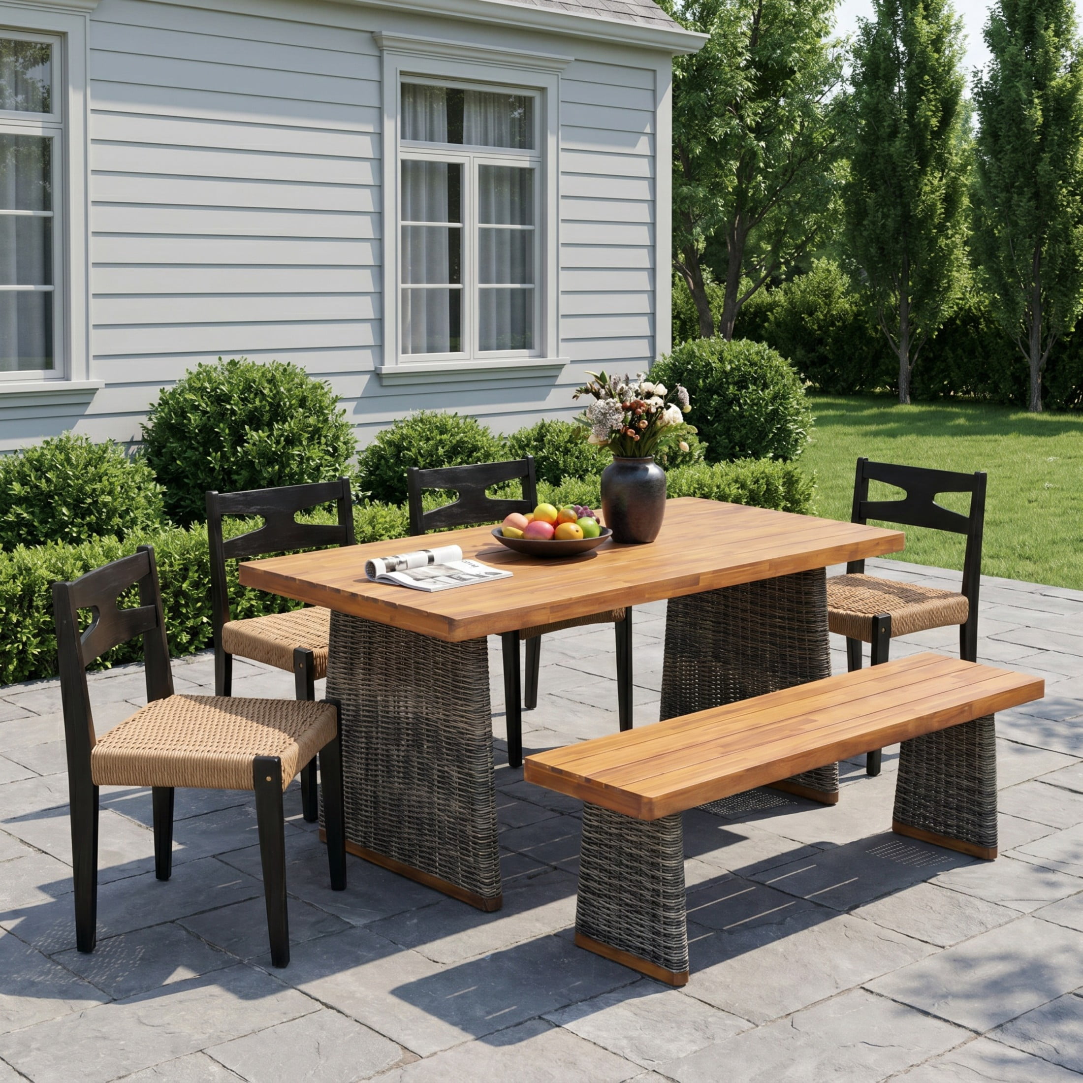 Christopher Knight Home 6-Piece Wood Wicker Outdoor Dining Set with Chairs, Bench and Table, Teak+Gray