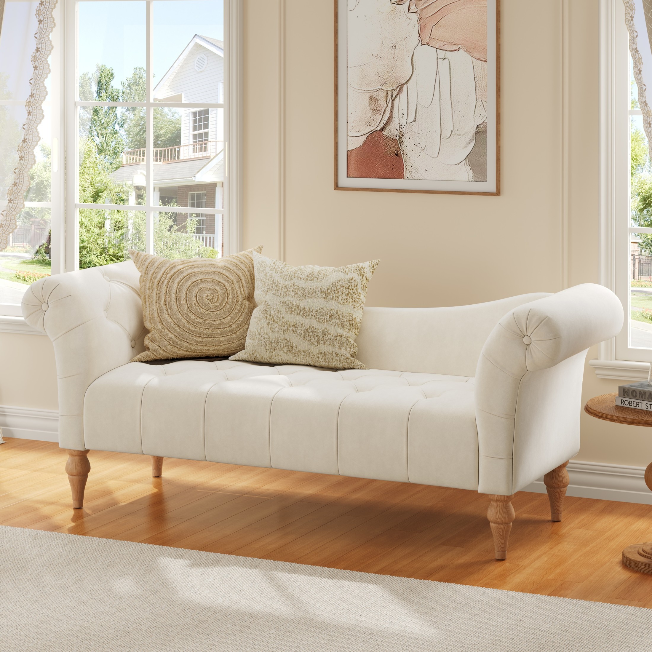 Christopher Knight Home 60.75" Vintage Velvet Upholstered Bench, Button Tufted Ottoman with Rolled Arms, Beige