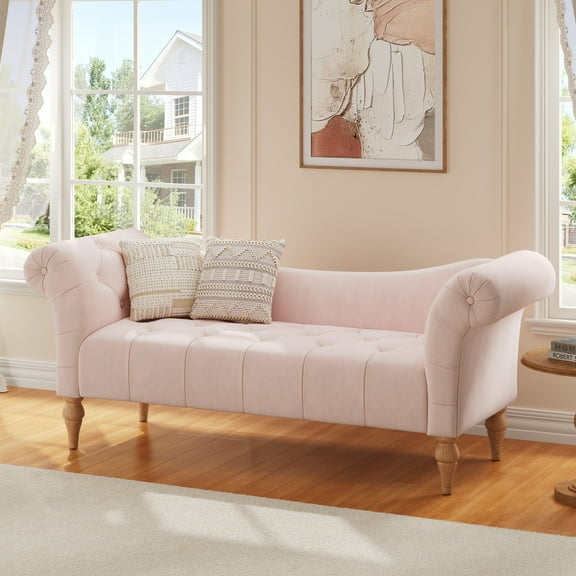 Christopher Knight Home 60.75" Vintage Velvet Upholstered Bench, Button Tufted Ottoman with Rolled Arms, Pink