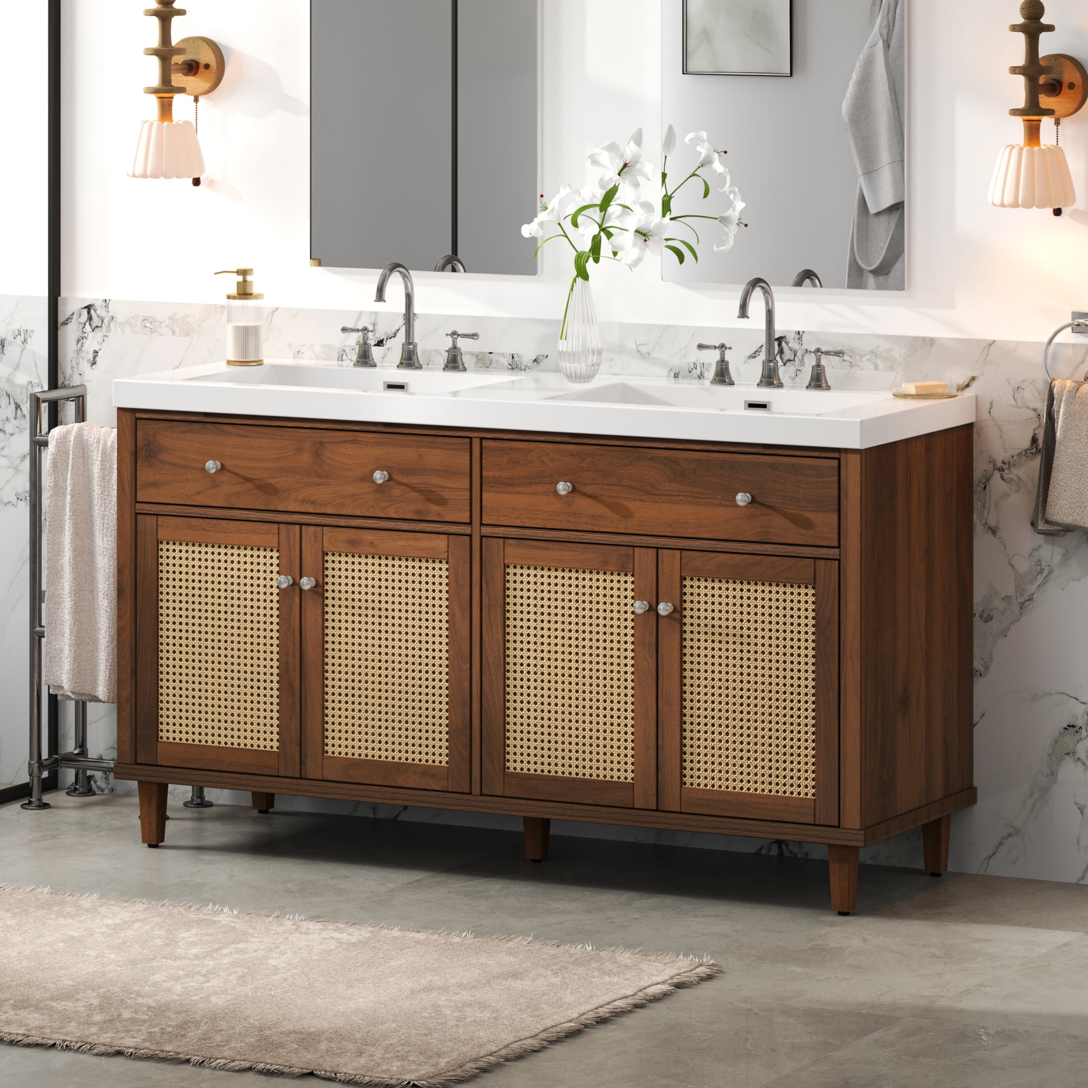 Christopher Knight Home 60" Bathroom Vanity with Double Sink, Large Storage, 2 Tip-Out Trays, 4 Soft-Close Doors, Brown