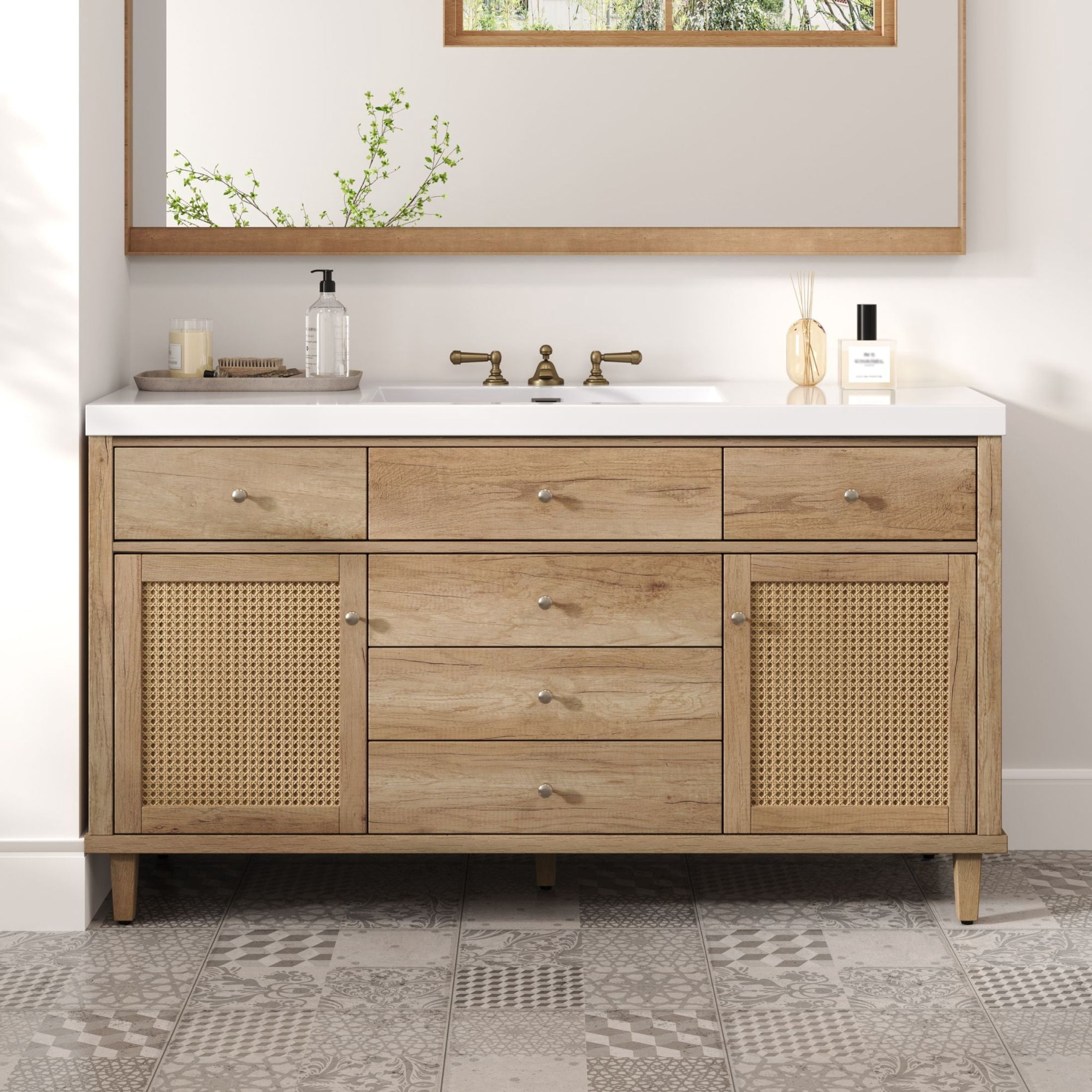 Christopher Knight Home 60" Bathroom Vanity with SMC Sink, Storage Cabinet and Drawers, Wood Frame, Antique Natural