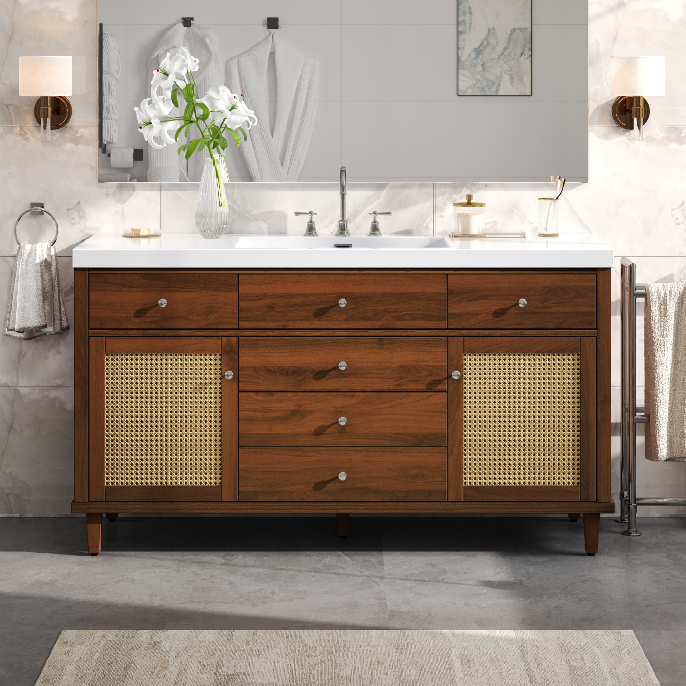 Christopher Knight Home 60" Bathroom Vanity with SMC Sink, Storage Cabinet and Drawers, Wood Frame, Brown
