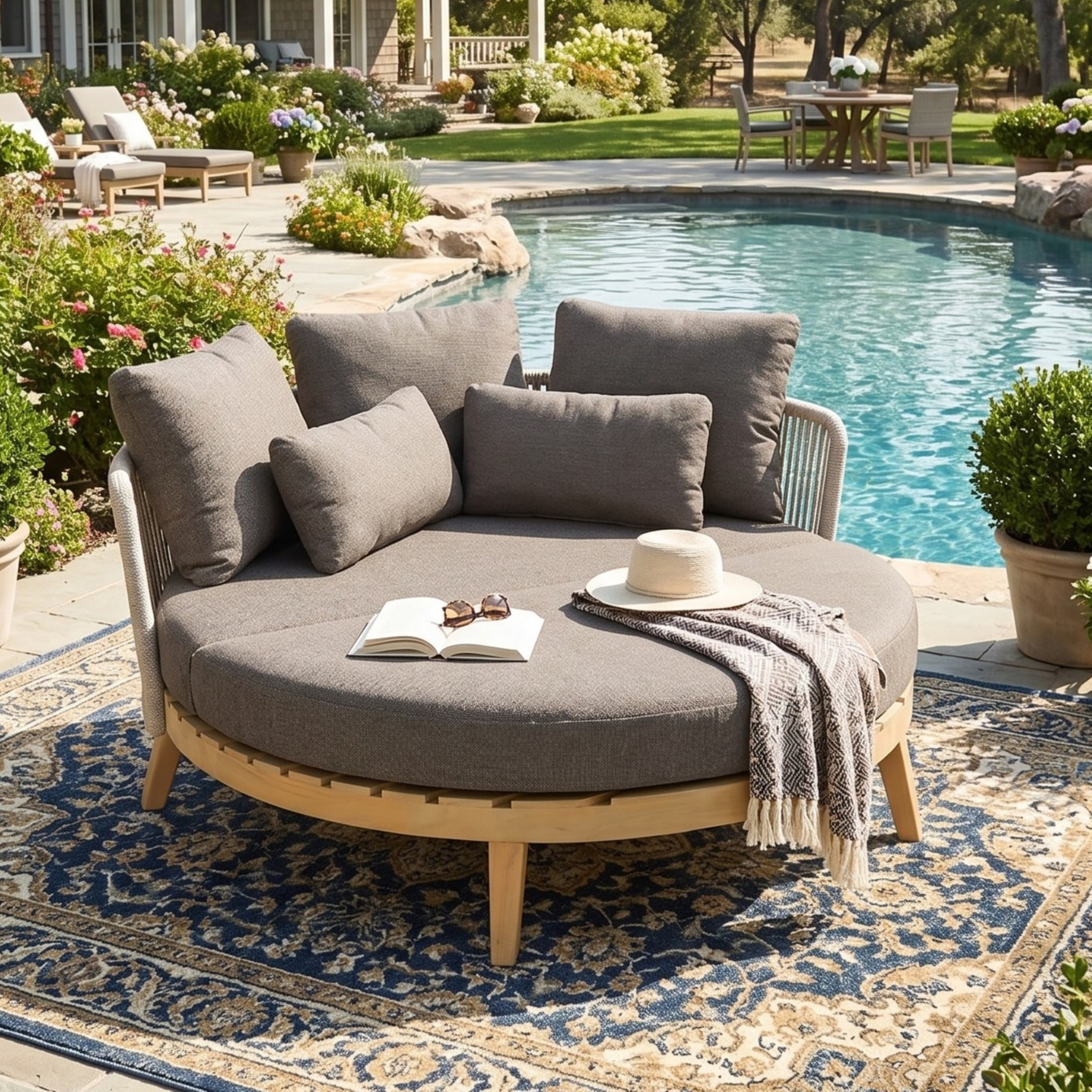 Christopher Knight Home 60" Coastal Outdoor Acacia Wood Round Daybed with Rope Back, Tan Cushion