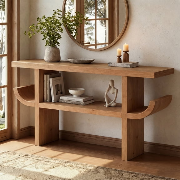 Christopher Knight Home 60" Modern Console Table, Curved Side with Open Shelf, Natural Wood Finish