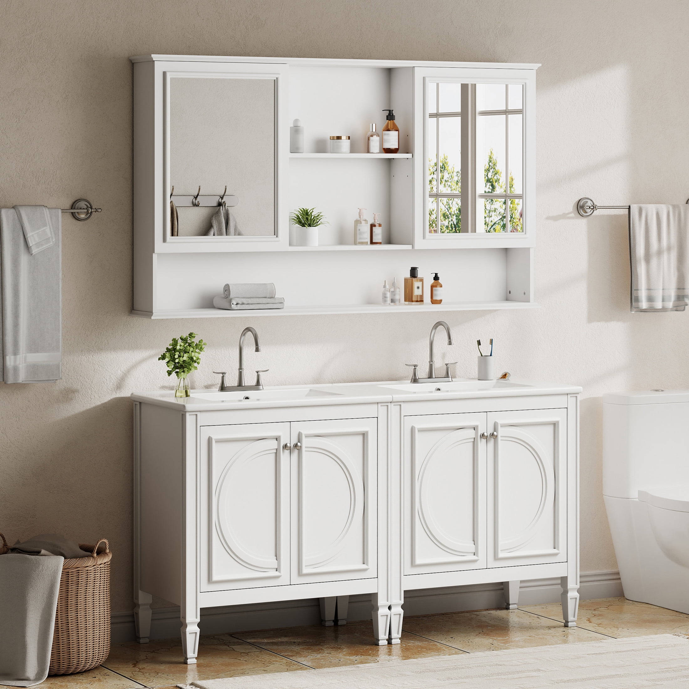 Christopher Knight Home 60" Modern Double Sink Bathroom Vanity Set with Wall Medicine Cabinet, White